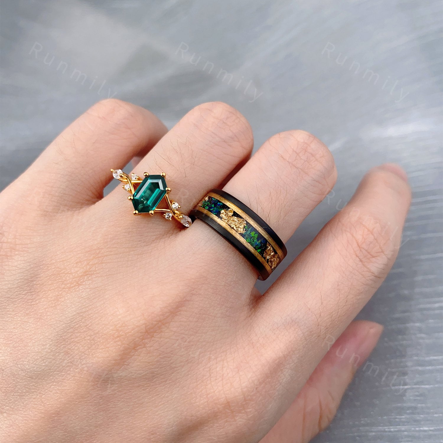 Vintage Emerald Couples Ring Yellow Gold Matching Ring Set His and Hers Wedding Band Mens Fire Opal Ring Promise Ring For Men For Women