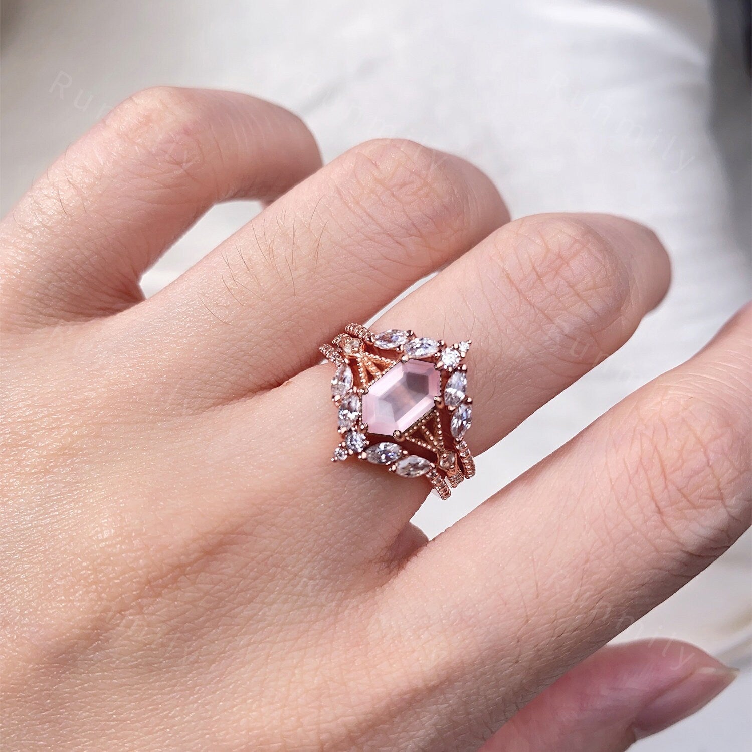 Antique Rose Quartz Couples Ring Set Vintage Double Curved Diamond Band Rose Gold His and Her Wedding Band Promise Ring For Men and Women