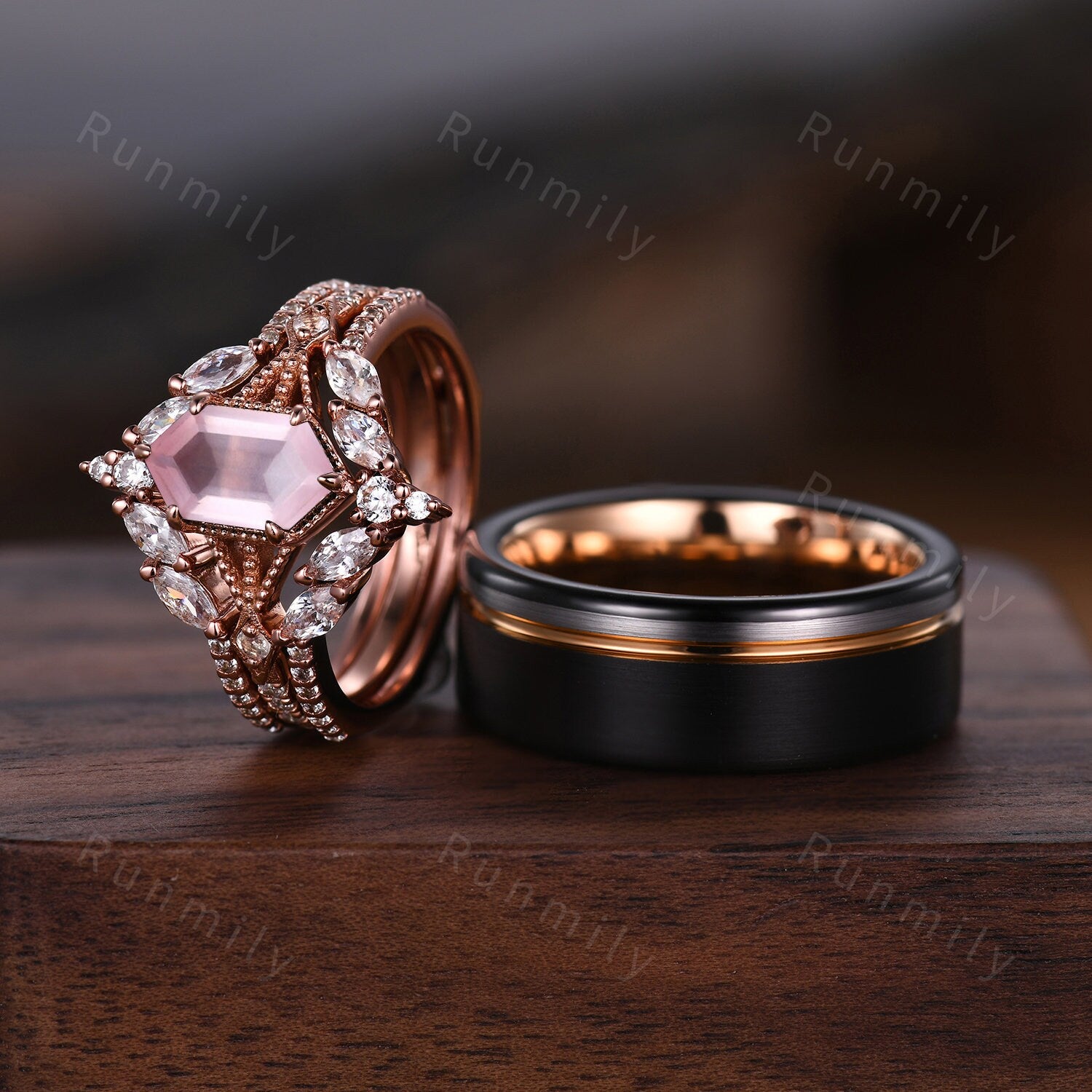 Antique Rose Quartz Couples Ring Set Vintage Double Curved Diamond Band Rose Gold His and Her Wedding Band Promise Ring For Men and Women