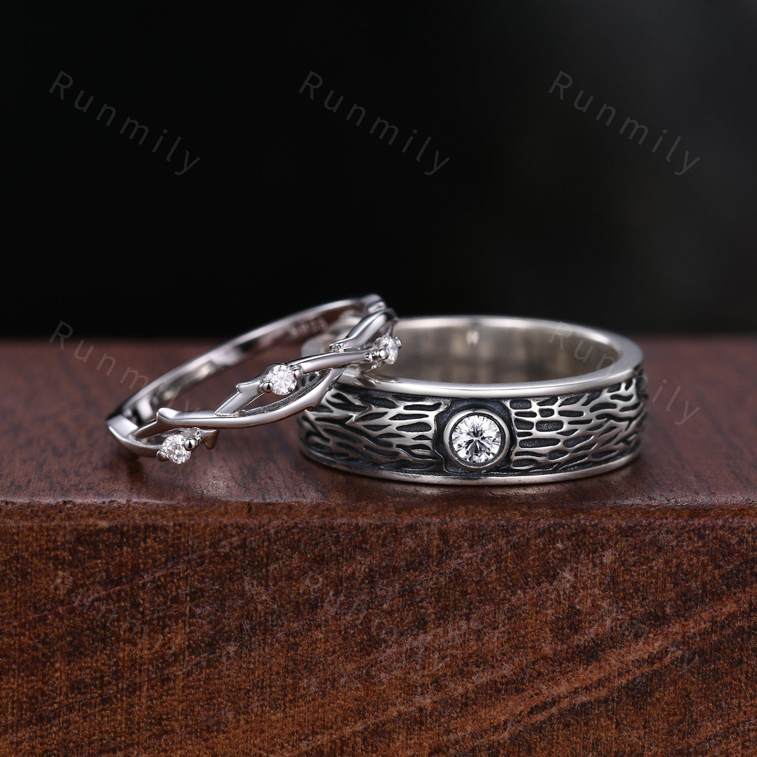 Nature Inspired Moissanite Couples Ring Silver Matching Ring Set Mens Gothic Tree Bark Ring His and Hers Wedding Band Vine Twig Ring