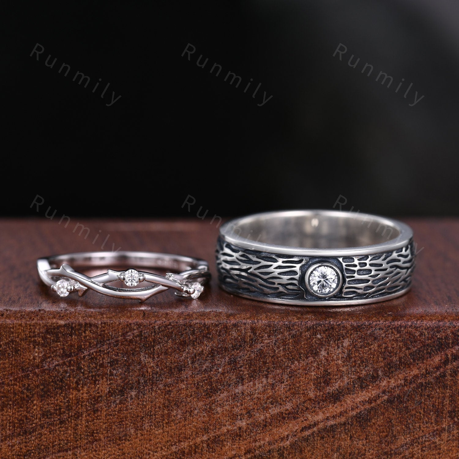 Nature Inspired Moissanite Couples Ring Silver Matching Ring Set Mens Gothic Tree Bark Ring His and Hers Wedding Band Vine Twig Ring
