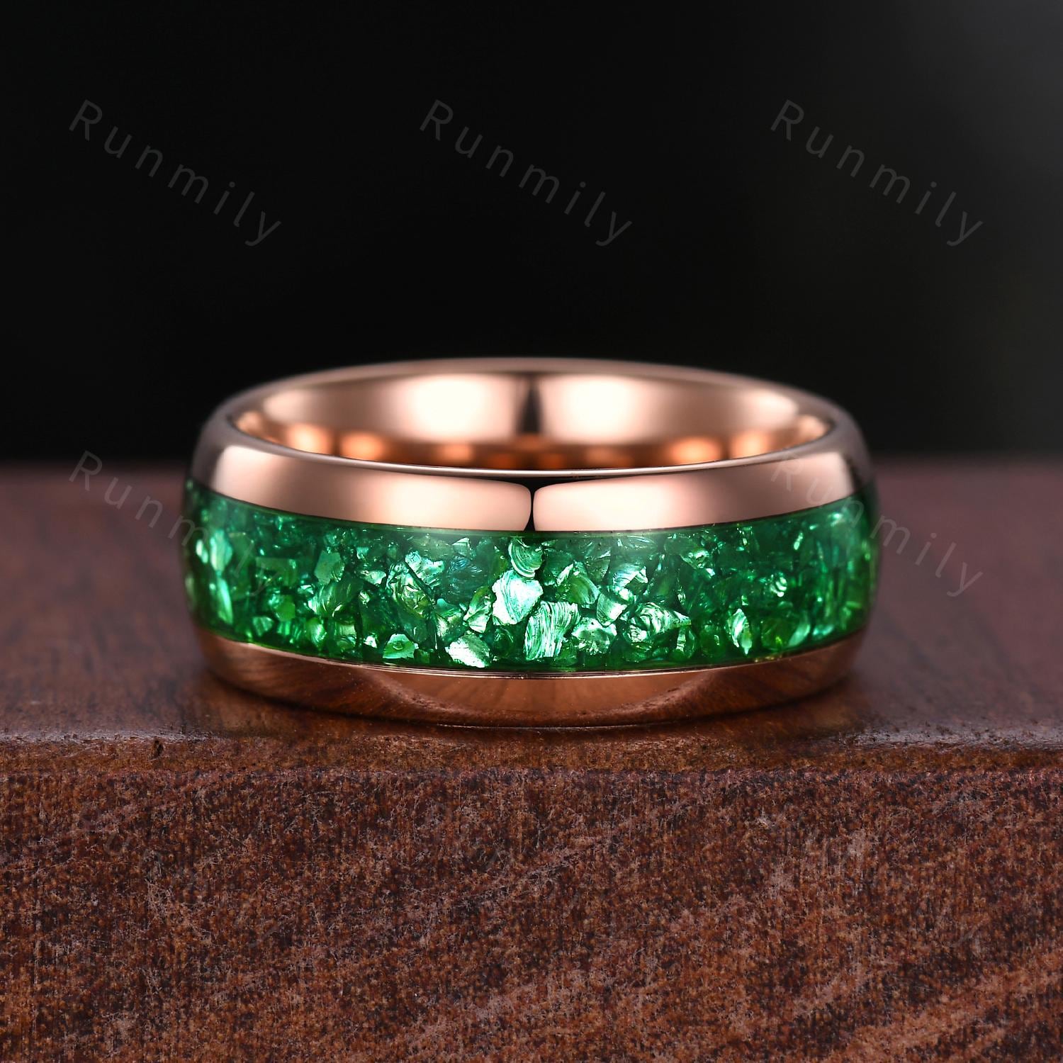 Vintage Green Emerald Couple Ring Set Unique Double Curved Stacking Band Rose Gold His and Hers Wedding Ring Couples Emerald Promise Ring
