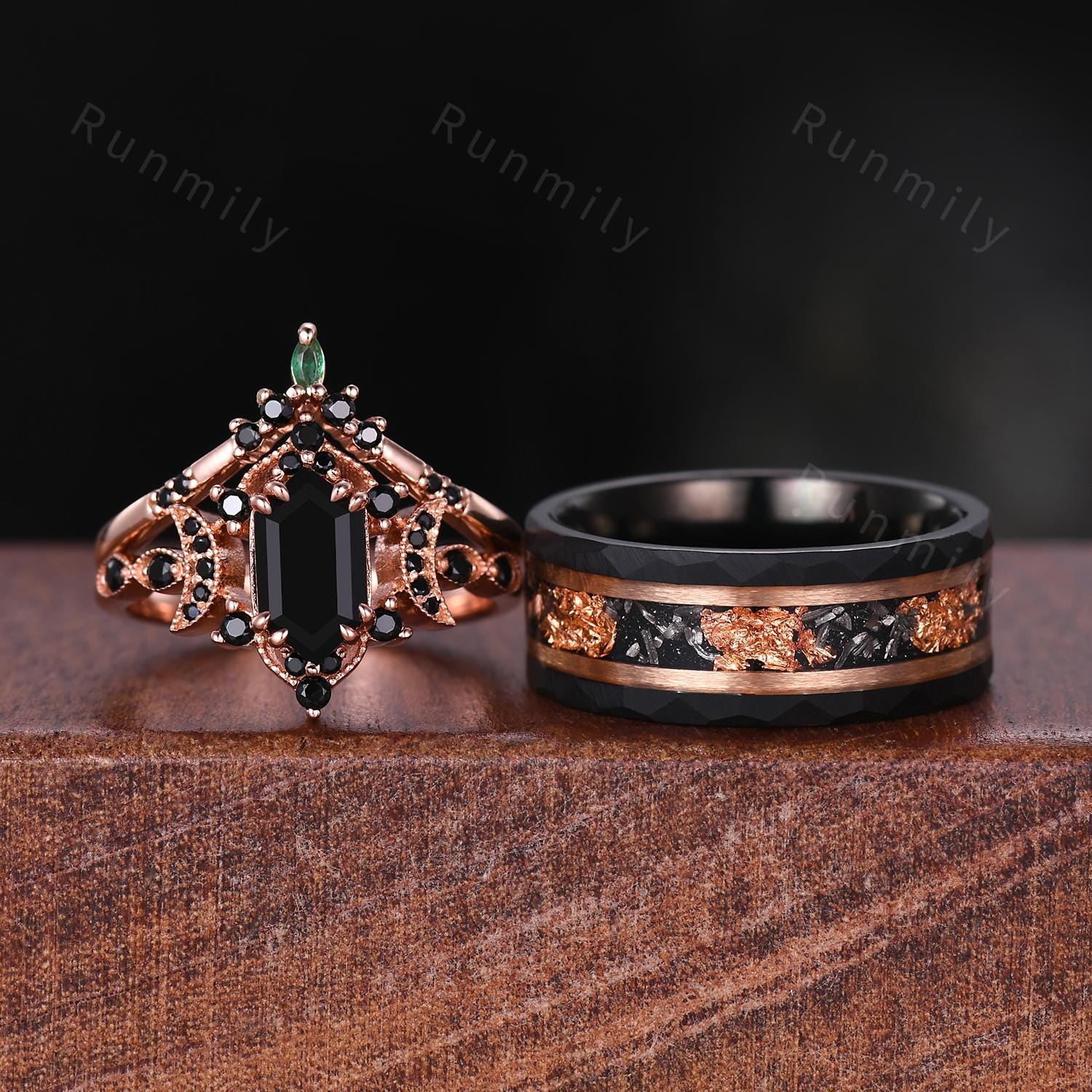 Vintage Hexagon Cut Black Onyx Couples Ring Rose Gold His And Hers Wedding Band Promise Ring For Men For Women Crescent Moon Bridal Ring Set