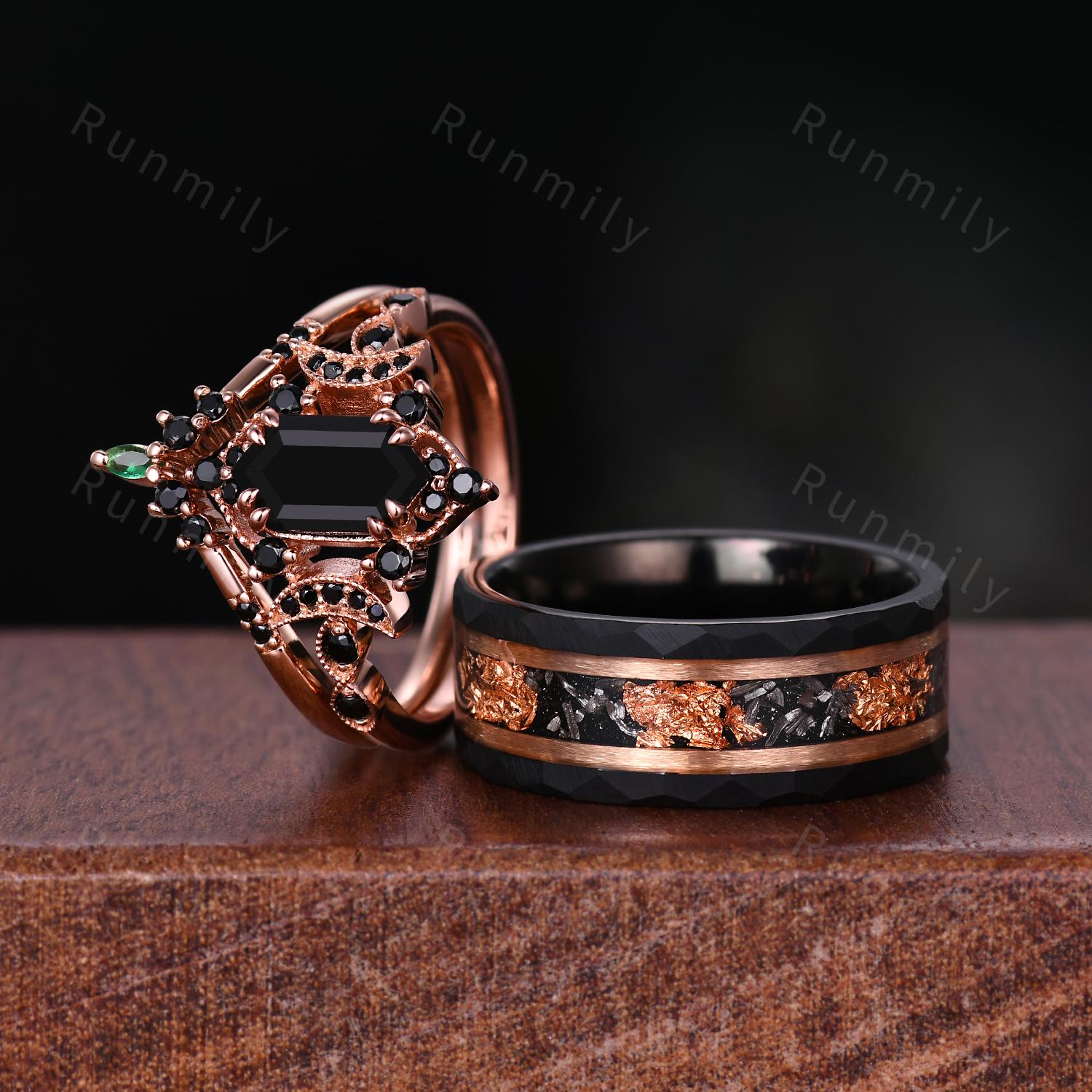 Vintage Hexagon Cut Black Onyx Couples Ring Rose Gold His And Hers Wedding Band Promise Ring For Men For Women Crescent Moon Bridal Ring Set