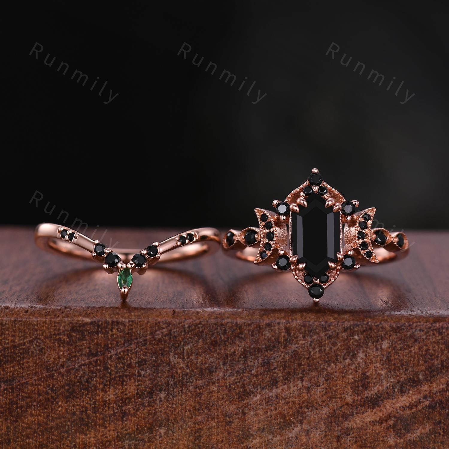 Vintage Hexagon Cut Black Onyx Couples Ring Rose Gold His And Hers Wedding Band Promise Ring For Men For Women Crescent Moon Bridal Ring Set