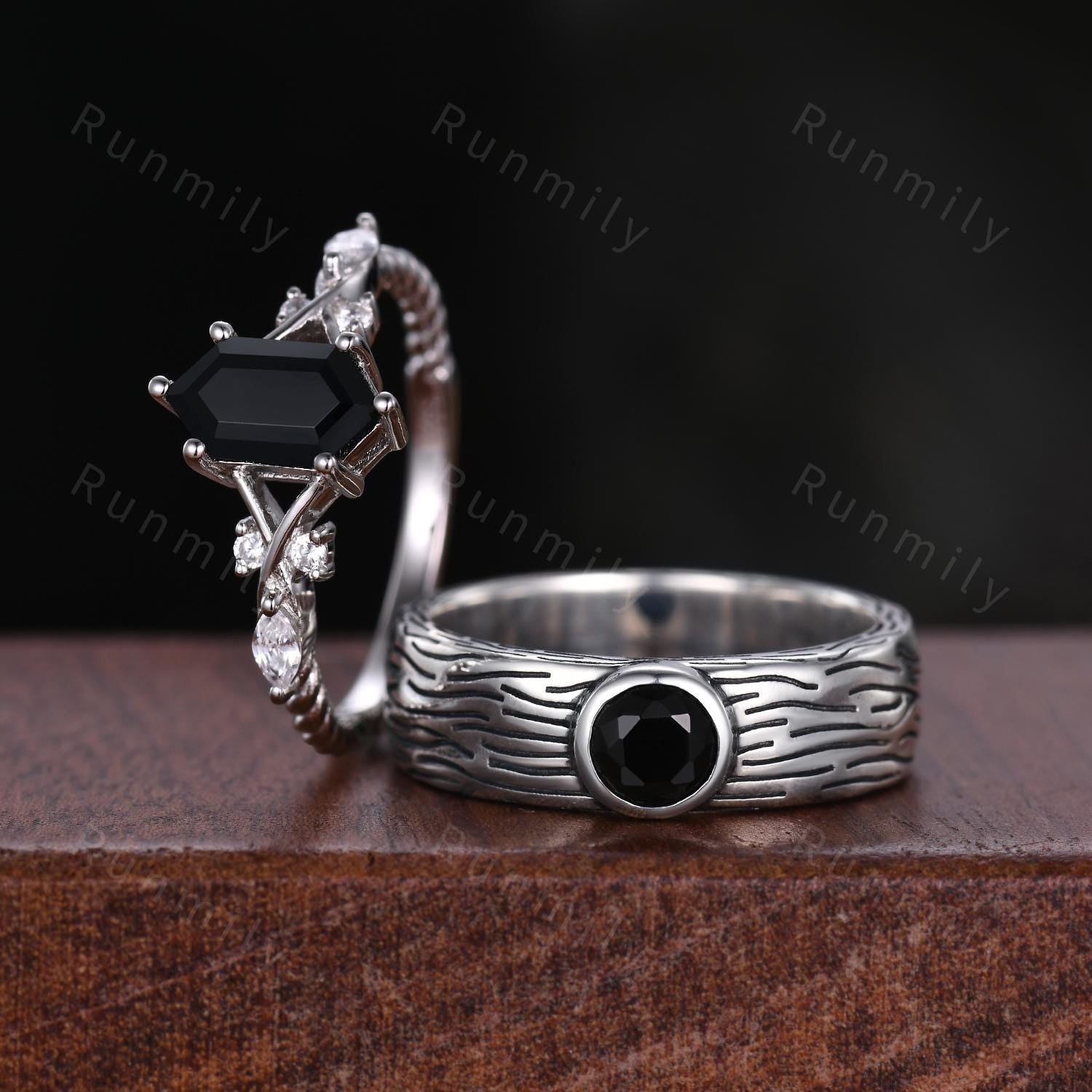 Artistic Black Onyx Couples Ring Silver Matching Ring Set Mens Tree Bark Ring Nature Inspired His and Hers Wedding Band Unusual Couple Rings