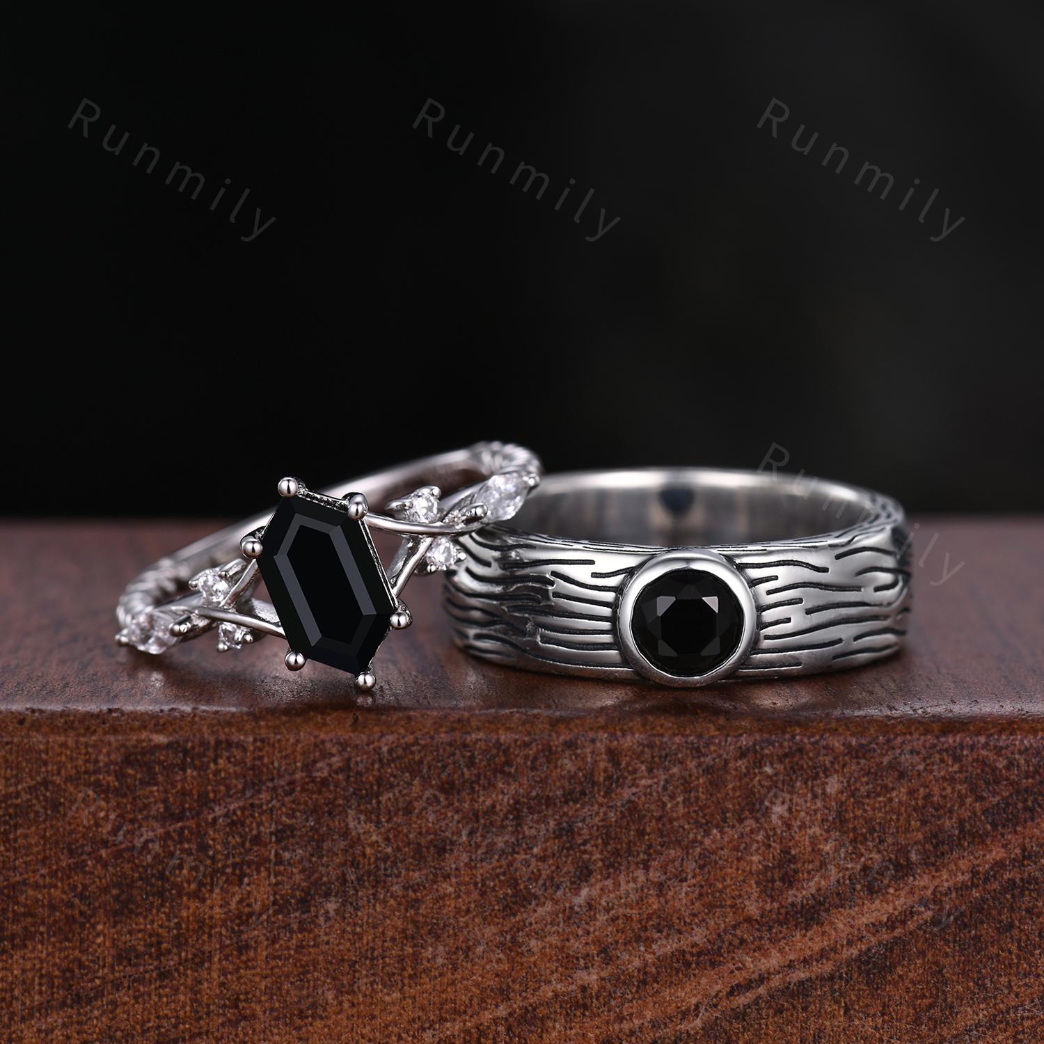 Artistic Black Onyx Couples Ring Silver Matching Ring Set Mens Tree Bark Ring Nature Inspired His and Hers Wedding Band Unusual Couple Rings