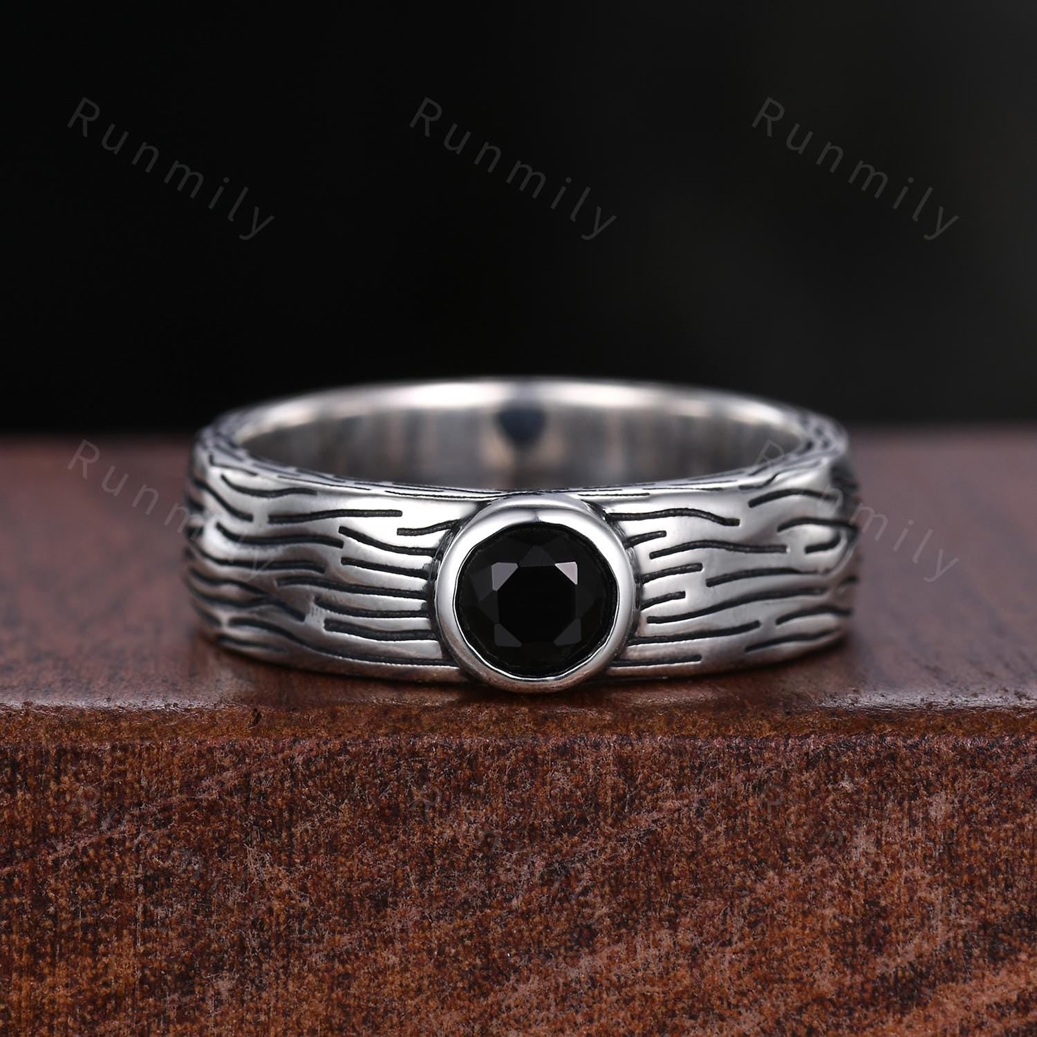 Artistic Black Onyx Couples Ring Silver Matching Ring Set Mens Tree Bark Ring Nature Inspired His and Hers Wedding Band Unusual Couple Rings