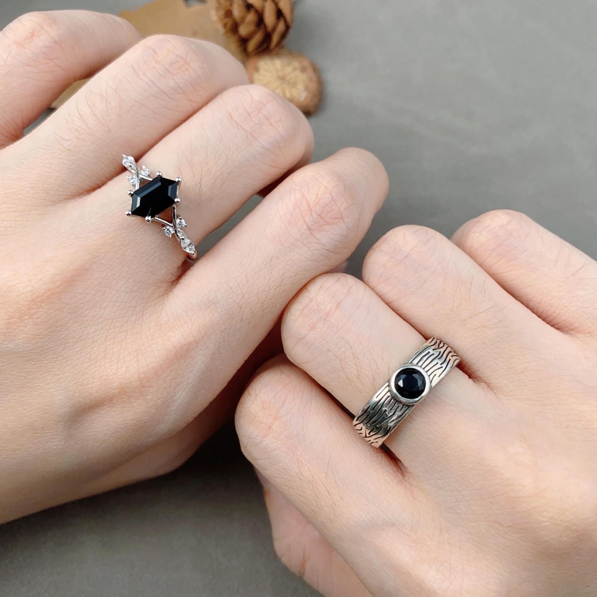 Artistic Black Onyx Couples Ring Silver Matching Ring Set Mens Tree Bark Ring Nature Inspired His and Hers Wedding Band Unusual Couple Rings
