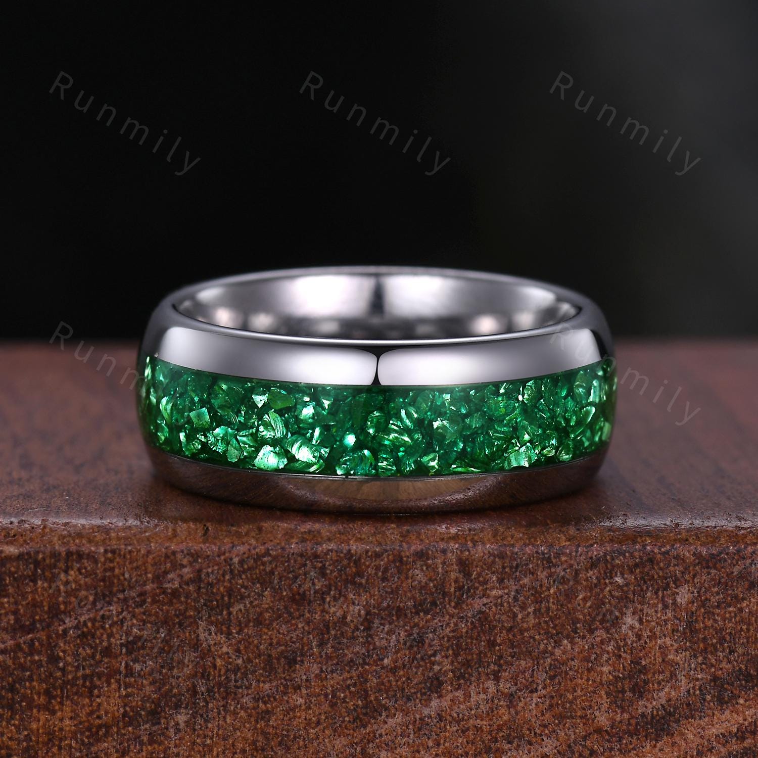 Moss Agate & Emerald Couples Ring Vintage Matching Promise Ring Set Silver His and Hers Wedding Band Mens Crushed Emerald Ring Green Rings