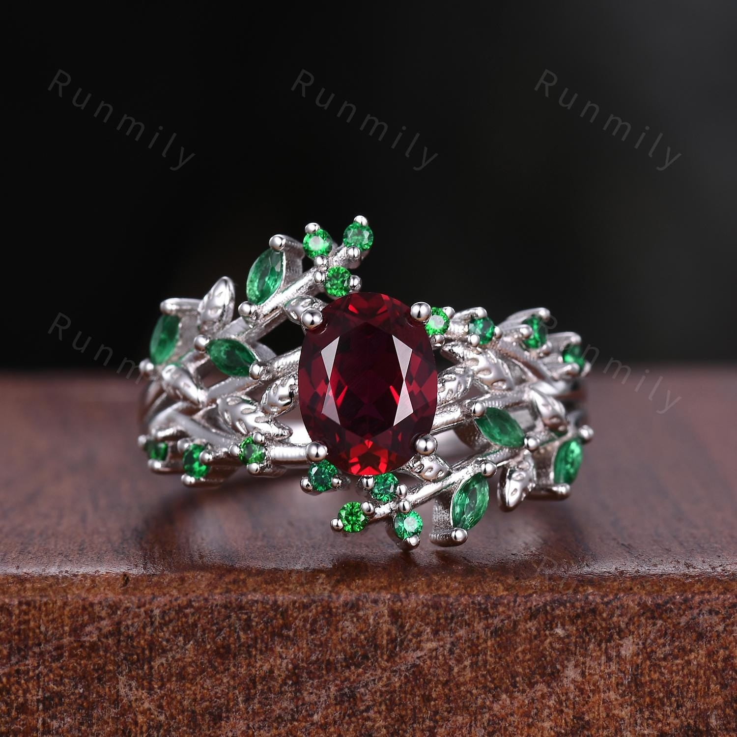 Antique Ruby & Emerald Couples Ring Vintage His and Hers Wedding Ring Set Nature Inspired Matching Bands Mens Leaf Emerald Ring May Ring