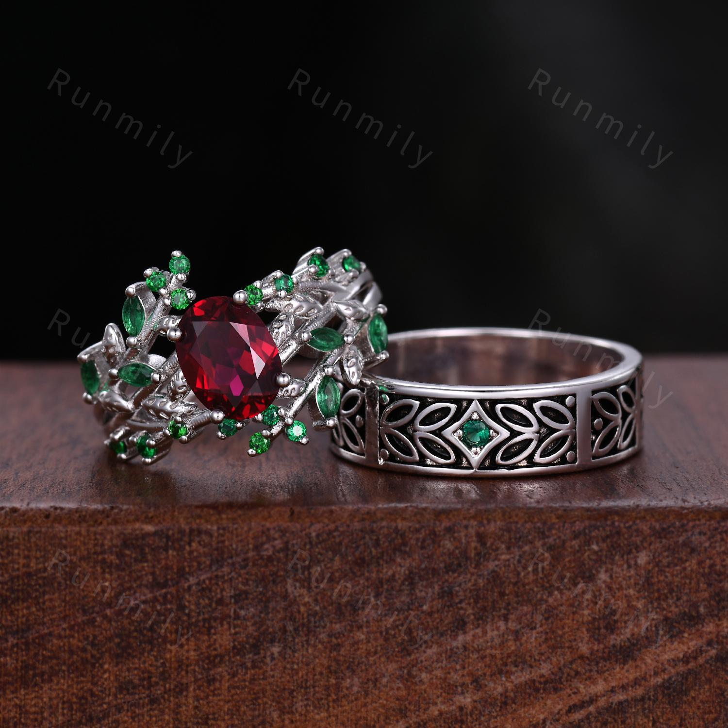 Antique Ruby & Emerald Couples Ring Vintage His and Hers Wedding Ring Set Nature Inspired Matching Bands Mens Leaf Emerald Ring May Ring