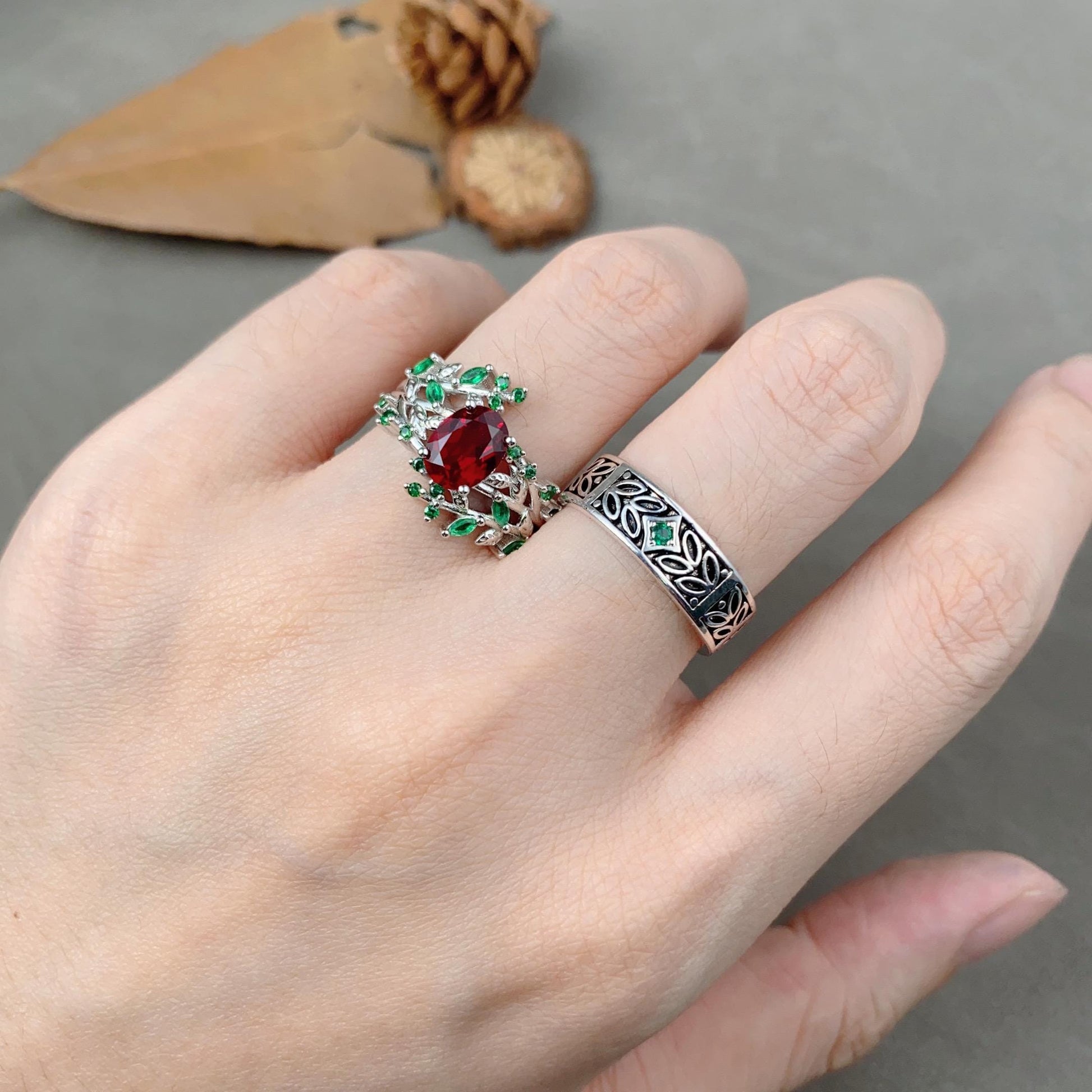 Antique Ruby & Emerald Couples Ring Vintage His and Hers Wedding Ring Set Nature Inspired Matching Bands Mens Leaf Emerald Ring May Ring