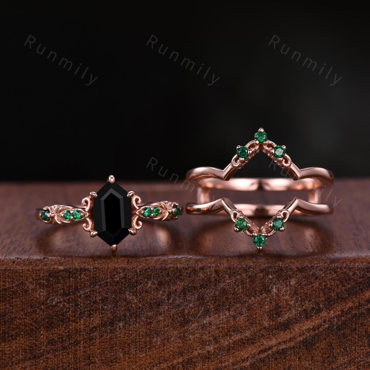 Vintage Black Onyx Engagement Ring Set Hexagon cut Engagement Ring Unique Art Deco Emerald Stacking Matching Band Bridal Promise Set