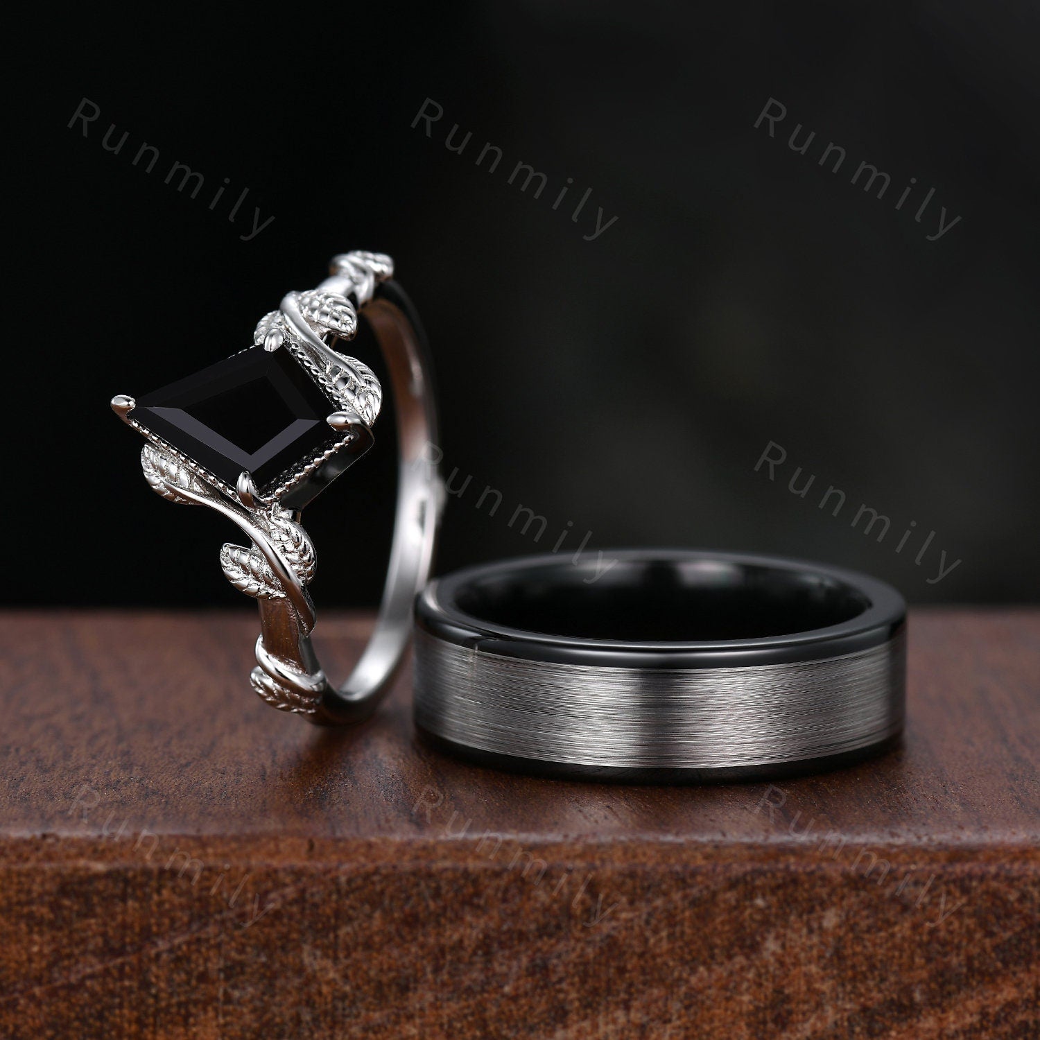 Vine Leaf Kite cut Black Onyx Couples Ring Silver Matching Ring Set Unique His and Hers Wedding Band Nature Inspired Ring Mens Tungsten Ring