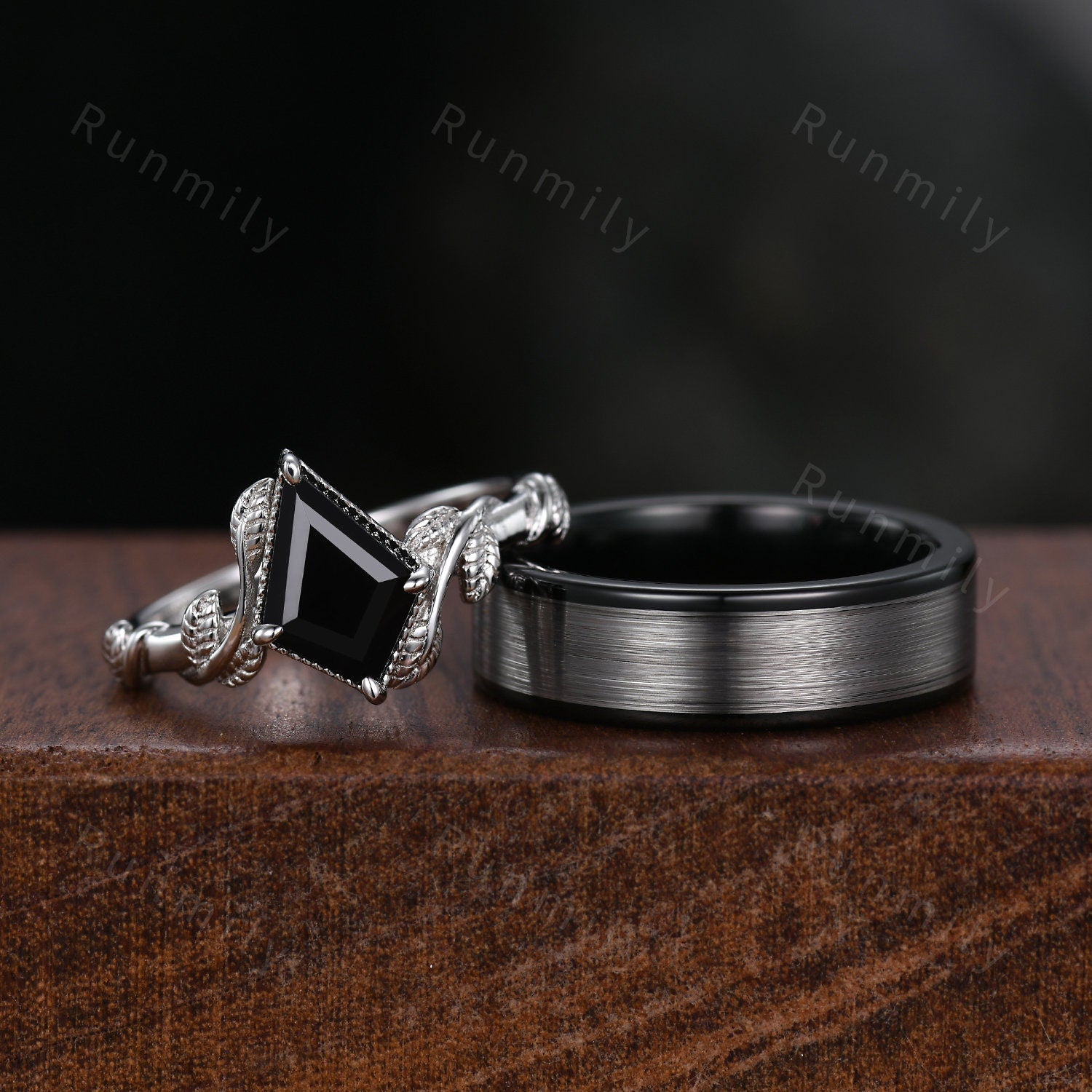 Vine Leaf Kite cut Black Onyx Couples Ring Silver Matching Ring Set Unique His and Hers Wedding Band Nature Inspired Ring Mens Tungsten Ring