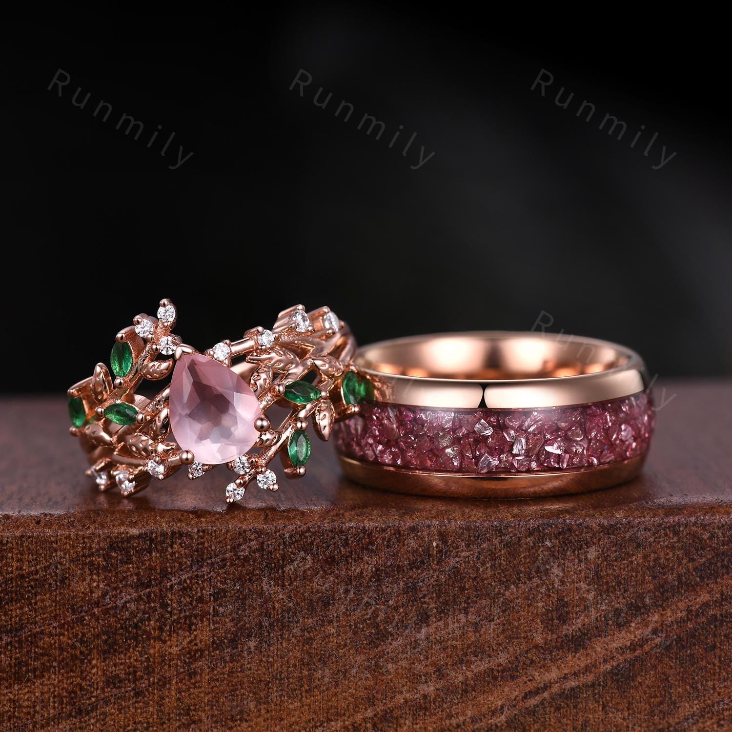 Rose Quartz Floral Leaf Couples Ring Set Rose Gold His and Hers Wedding Band Mens Pink Tungsten Ring Natural Inspired Ring Matching Ring Set