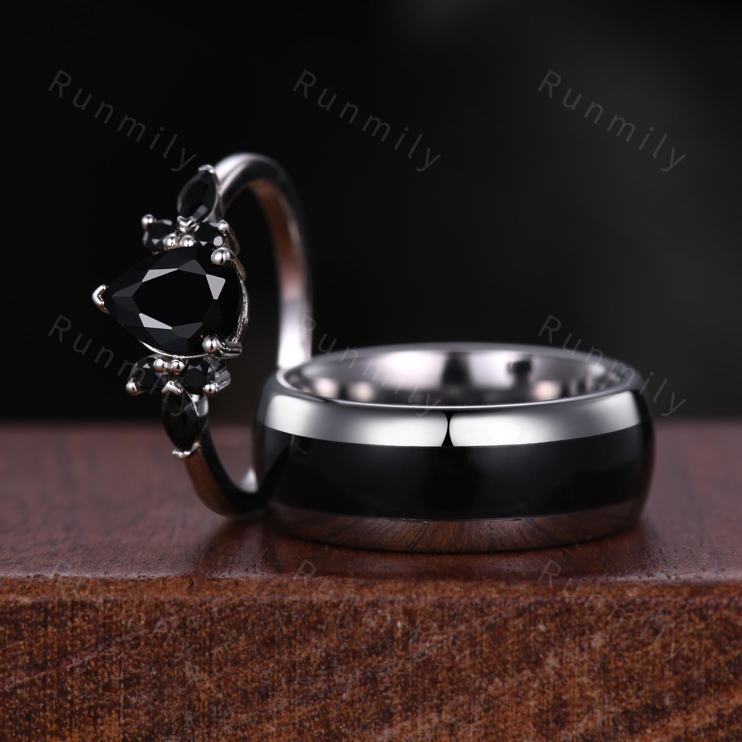 Pear Shaped Black Onyx Couples Ring Set Sterling Silver His and Hers Wedding Band Mens Tungsten Band Black Gemstone Ring Gift for Husband