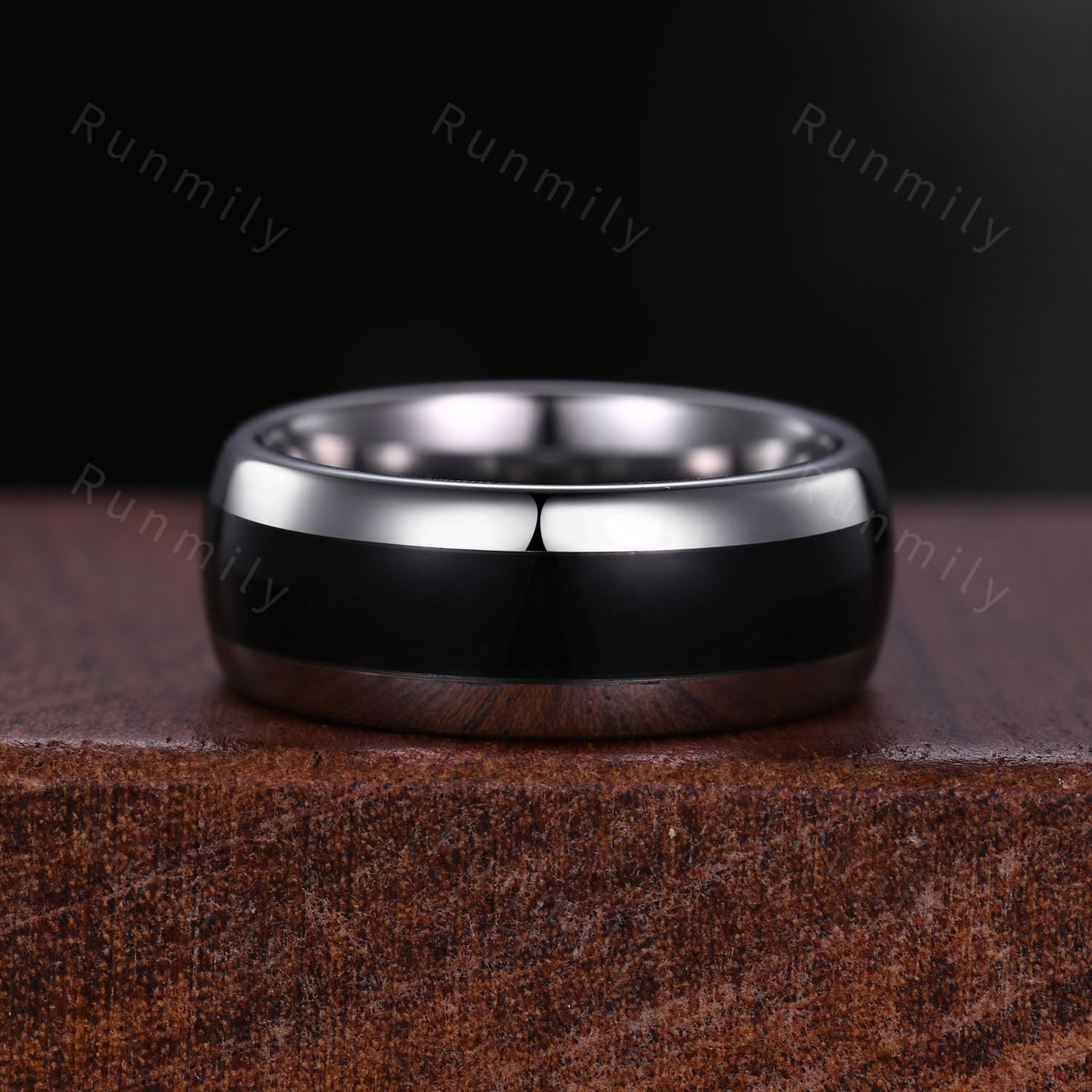 Pear Shaped Black Onyx Couples Ring Set Sterling Silver His and Hers Wedding Band Mens Tungsten Band Black Gemstone Ring Gift for Husband