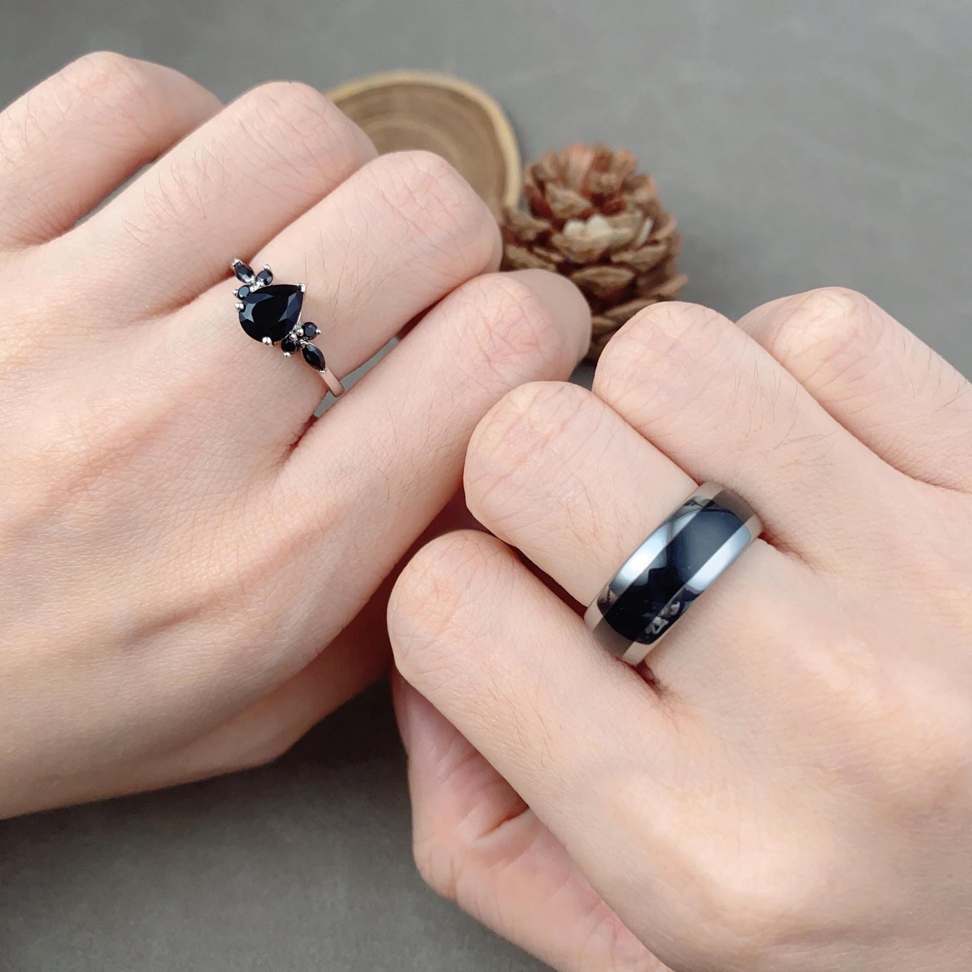 Pear Shaped Black Onyx Couples Ring Set Sterling Silver His and Hers Wedding Band Mens Tungsten Band Black Gemstone Ring Gift for Husband