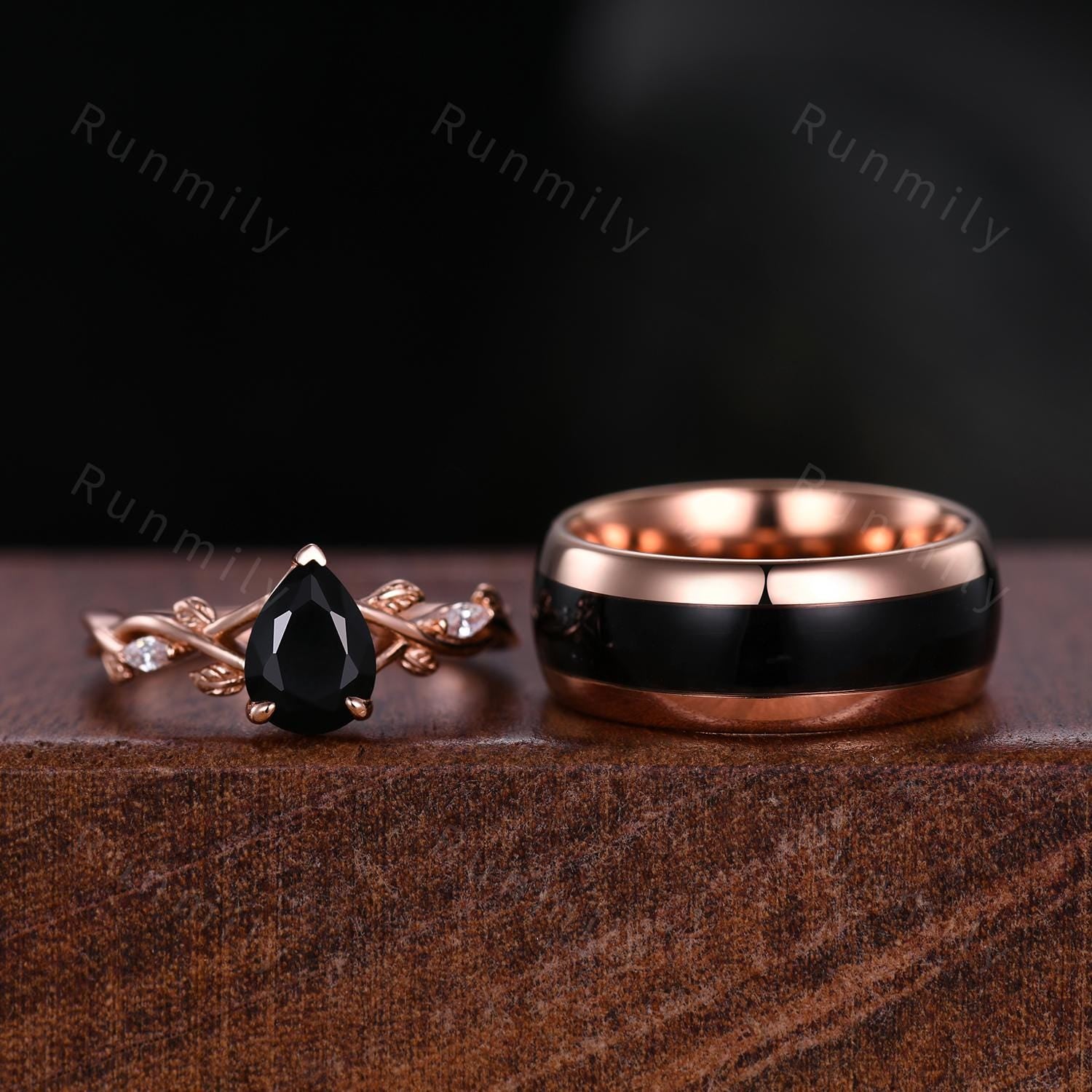 Vintage Black Onyx Couples Ring Set His and Hers Wedding Band Rose Gold Matching Couples Unique Black Gemstone Promise Ring Anniversary Gift