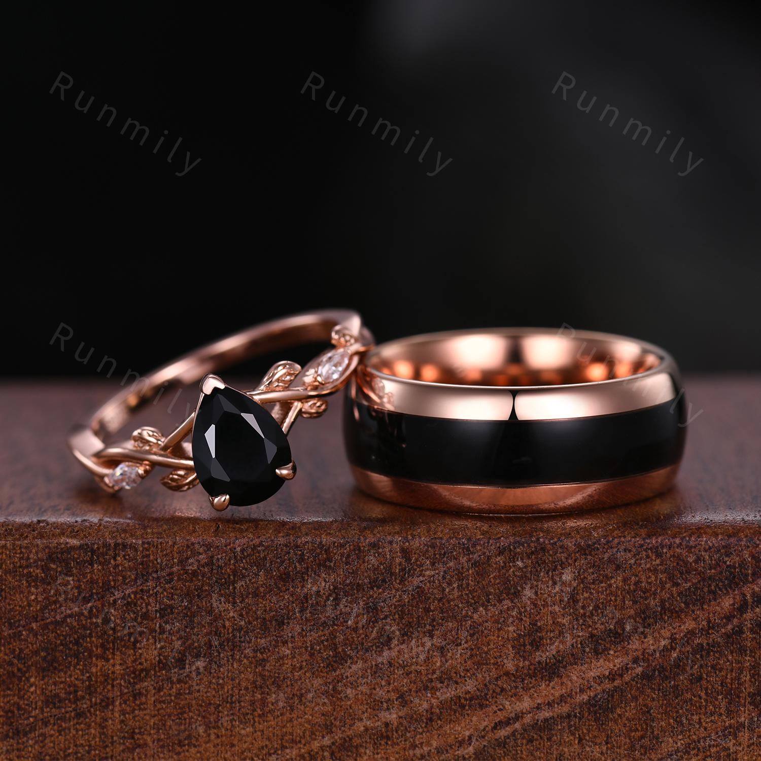 Vintage Black Onyx Couples Ring Set His and Hers Wedding Band Rose Gold Matching Couples Unique Black Gemstone Promise Ring Anniversary Gift
