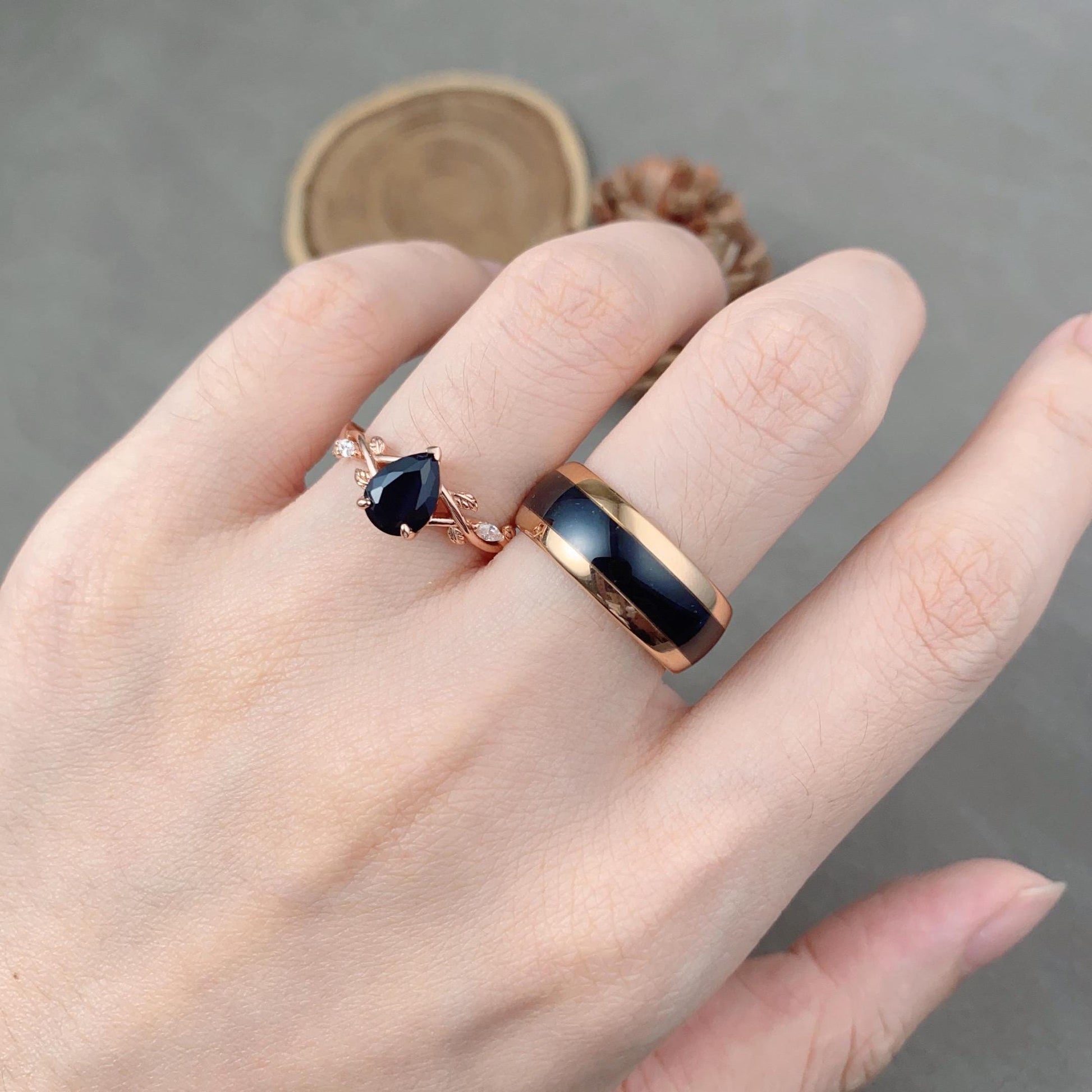 Vintage Black Onyx Couples Ring Set His and Hers Wedding Band Rose Gold Matching Couples Unique Black Gemstone Promise Ring Anniversary Gift