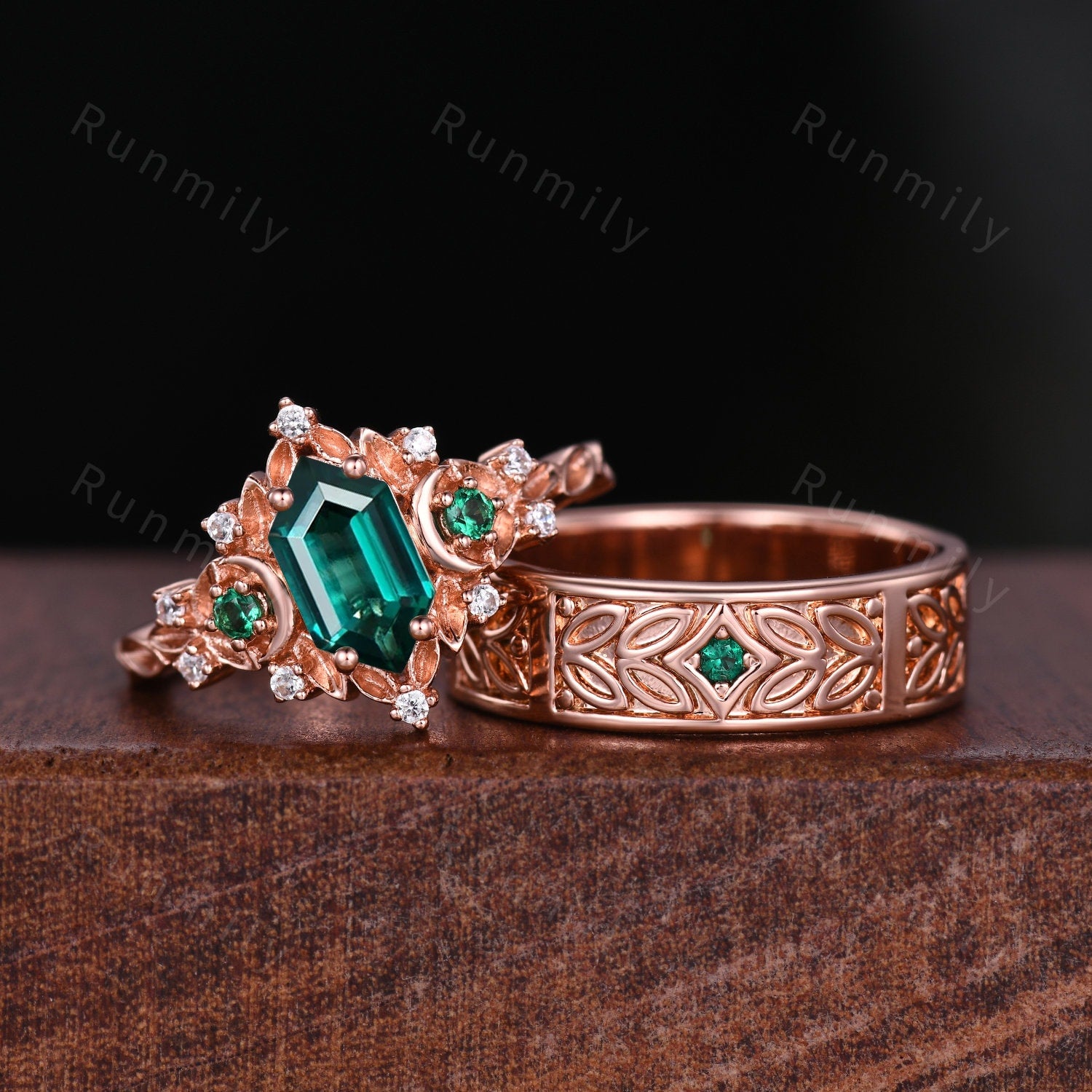 Antique Emerald Couples Ring Set Rose Gold Matching Ring For Men For Women Vintage His and Hers Wedding Band Mens Emerald Ring Green Rings