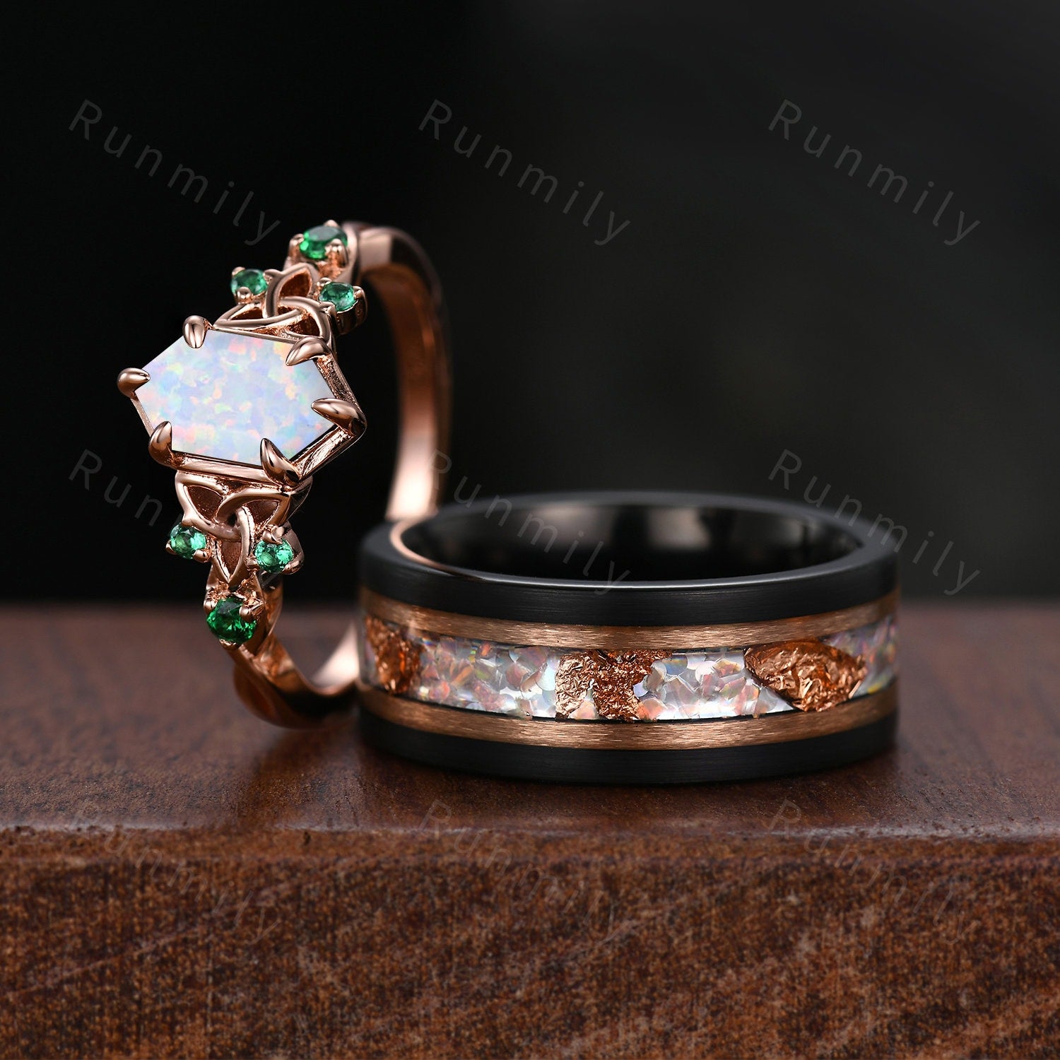 Vintage White Opal Couples Ring Rose Gold Matching Ring Set His and Hers Wedding Band Mens Opal Ring October Birthstone Promise Ring
