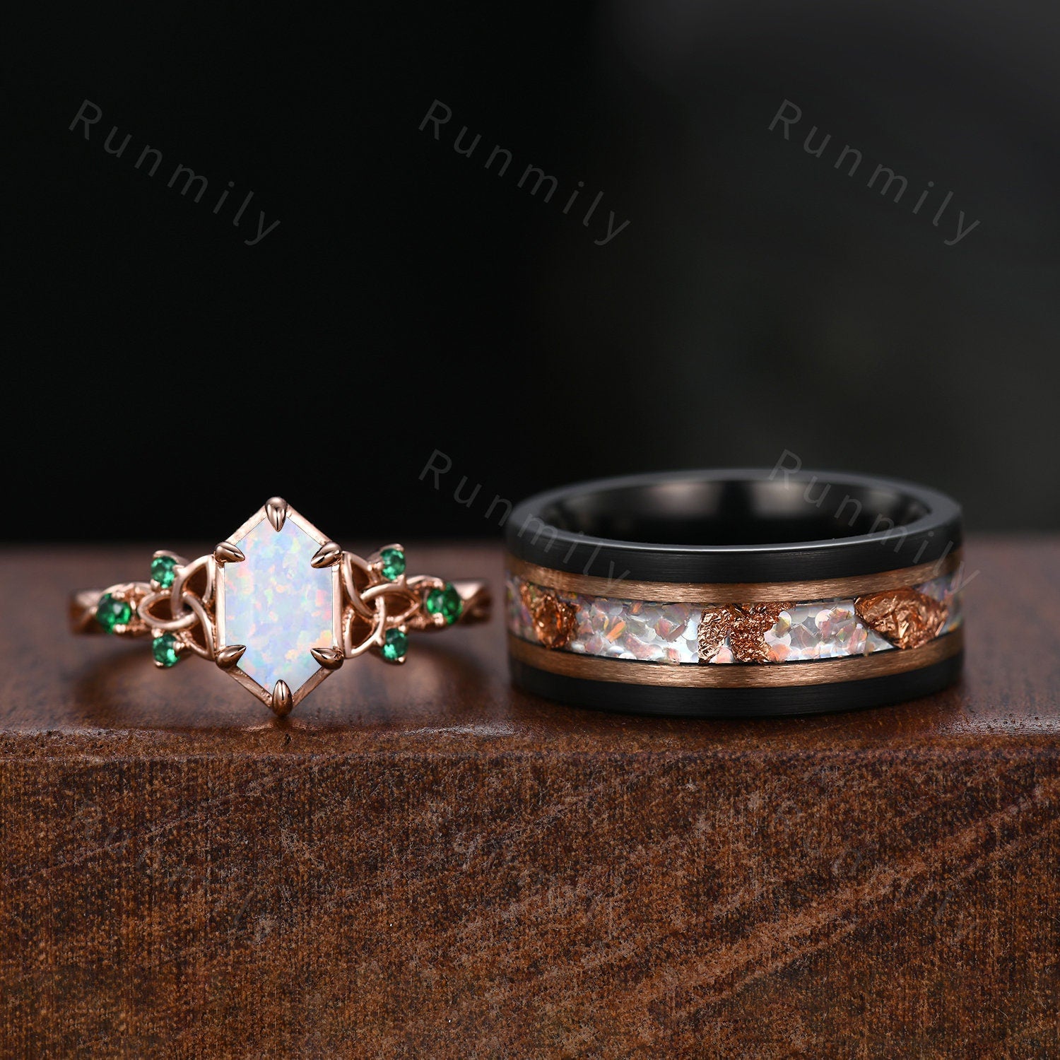 Vintage White Opal Couples Ring Rose Gold Matching Ring Set His and Hers Wedding Band Mens Opal Ring October Birthstone Promise Ring