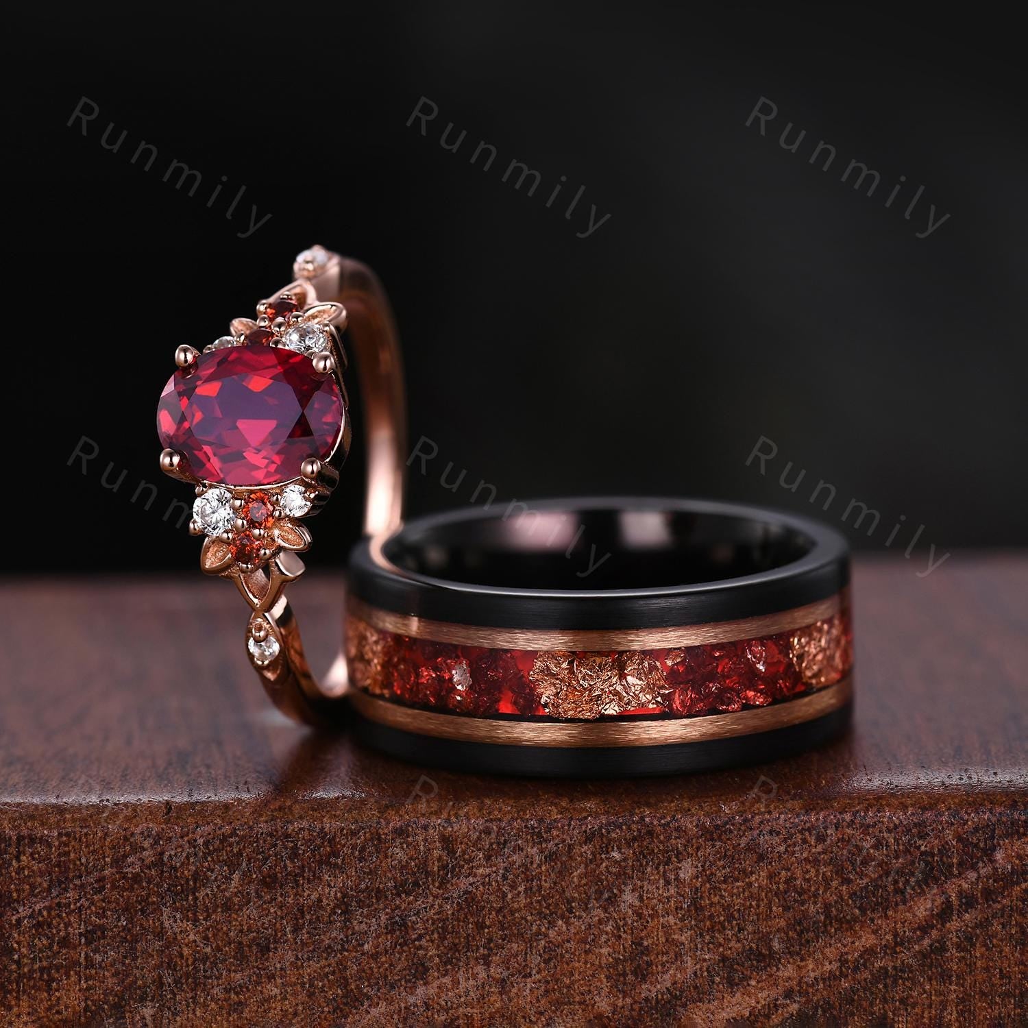 Oval cut Ruby couples ring set rose gold matching promise ring vintage His and Hers wedding band Mens ruby ring anniversary ring gifts