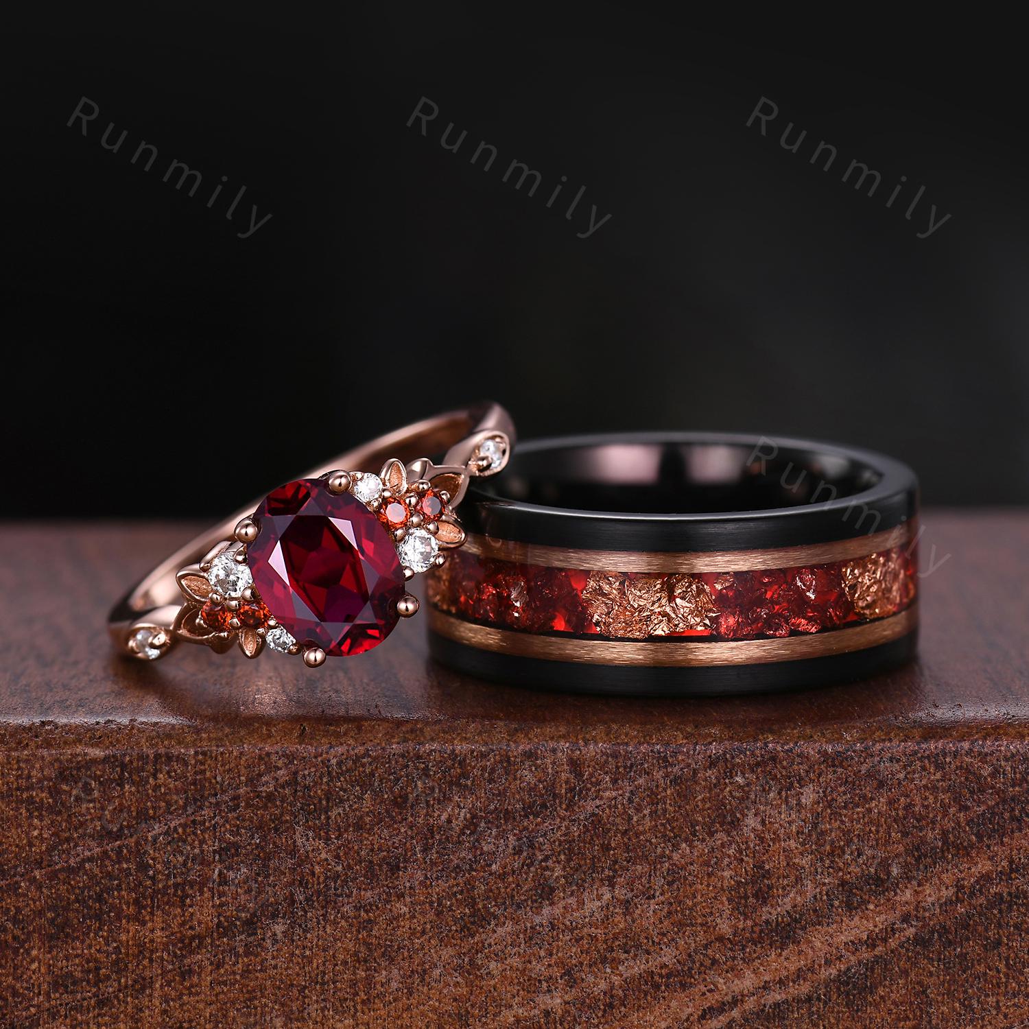 Oval cut Ruby couples ring set rose gold matching promise ring vintage His and Hers wedding band Mens ruby ring anniversary ring gifts