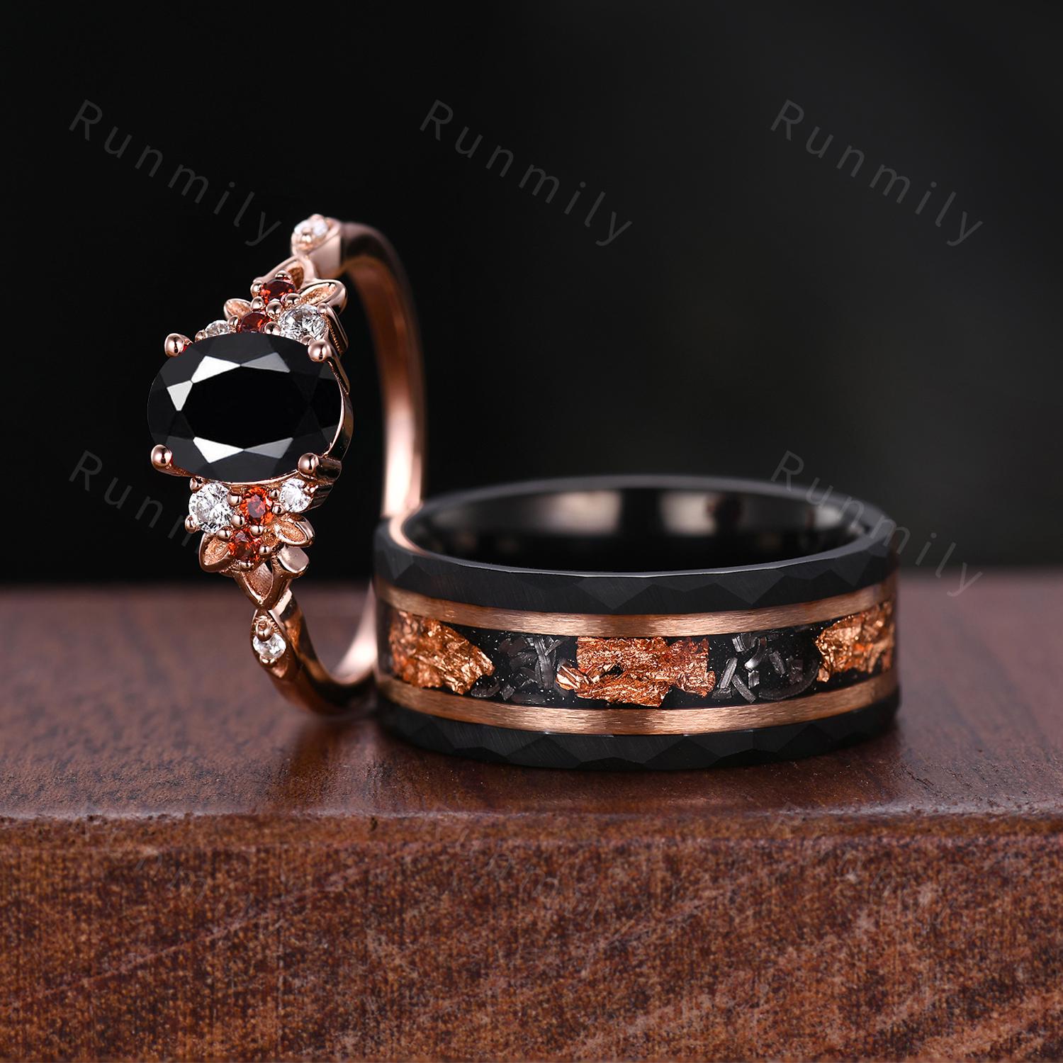 Oval cut Black Onyx couples ring set rose gold matching promise ring His and Hers wedding band Mens meteorite ring anniversary ring gifts