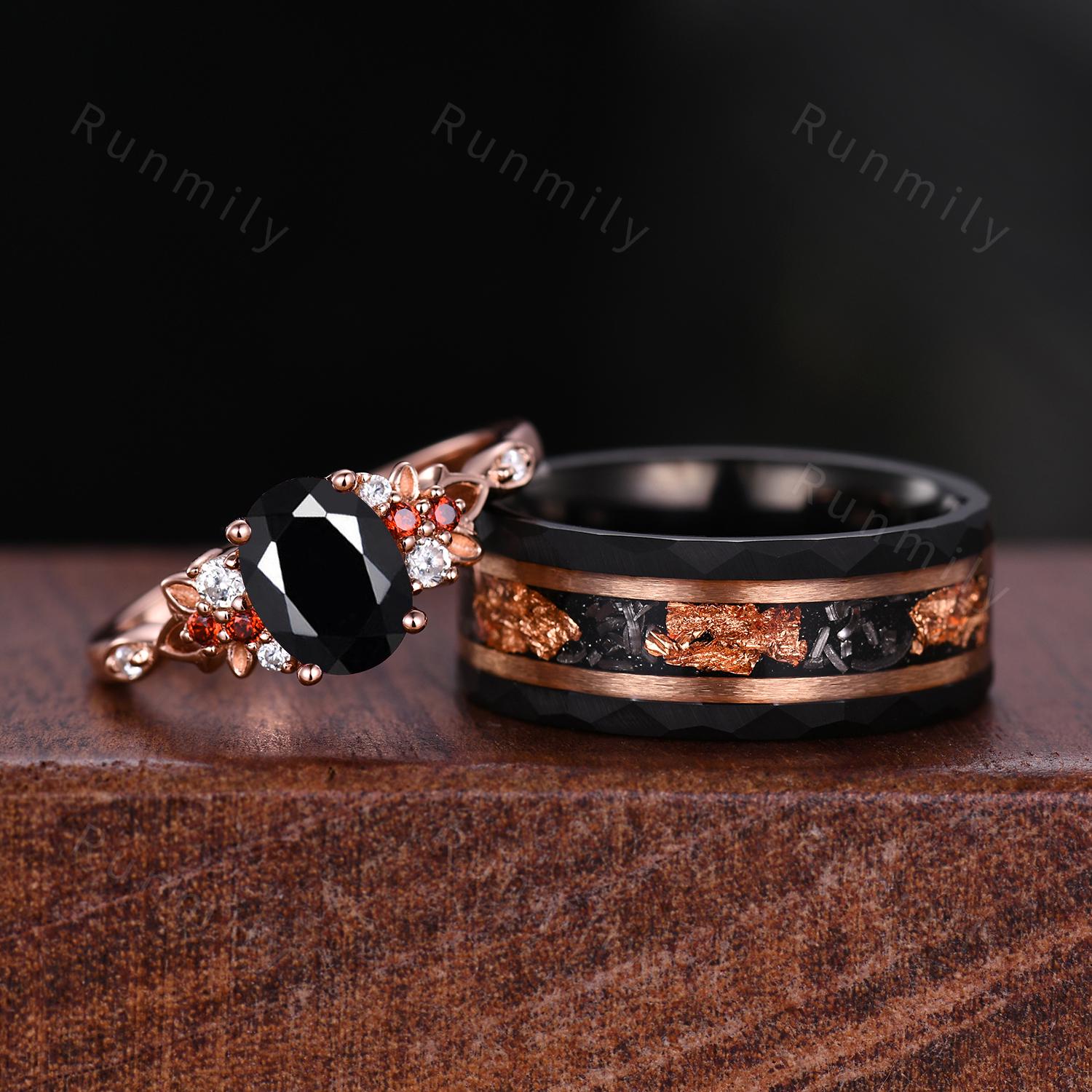 Oval cut Black Onyx couples ring set rose gold matching promise ring His and Hers wedding band Mens meteorite ring anniversary ring gifts