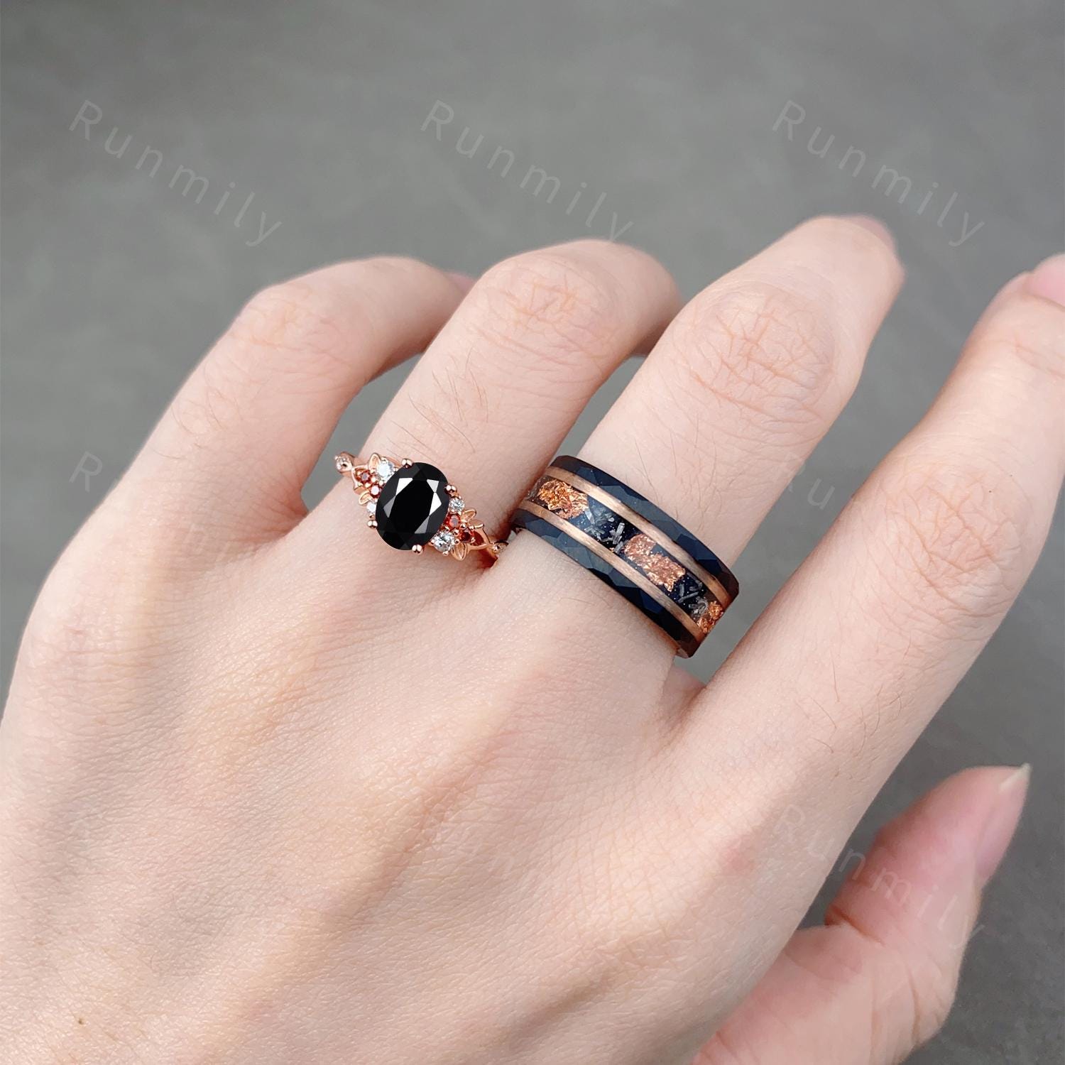 Oval cut Black Onyx couples ring set rose gold matching promise ring His and Hers wedding band Mens meteorite ring anniversary ring gifts