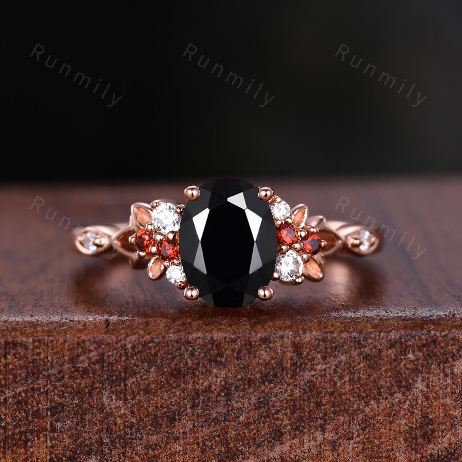 Oval cut Black Onyx couples ring set rose gold matching promise ring His and Hers wedding band Mens meteorite ring anniversary ring gifts