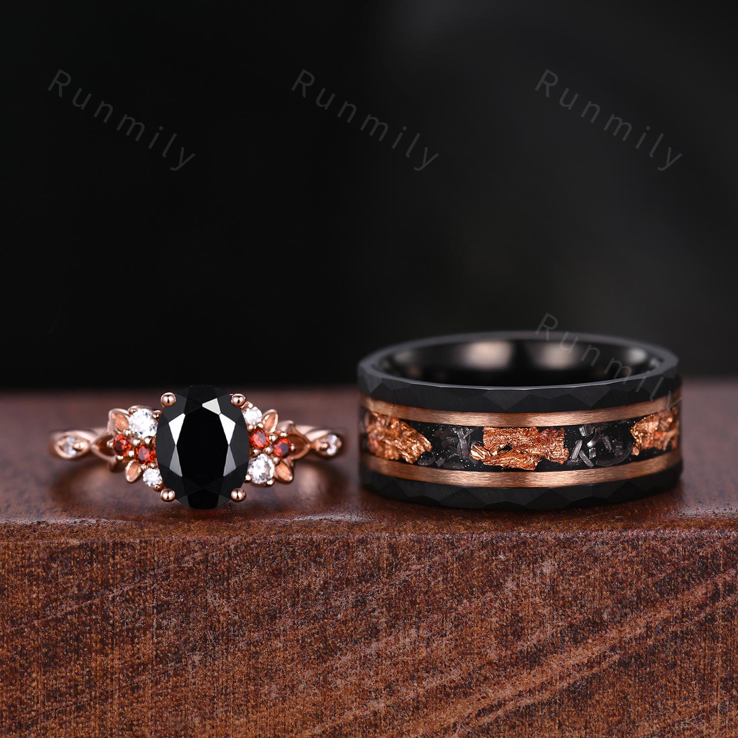 Oval cut Black Onyx couples ring set rose gold matching promise ring His and Hers wedding band Mens meteorite ring anniversary ring gifts