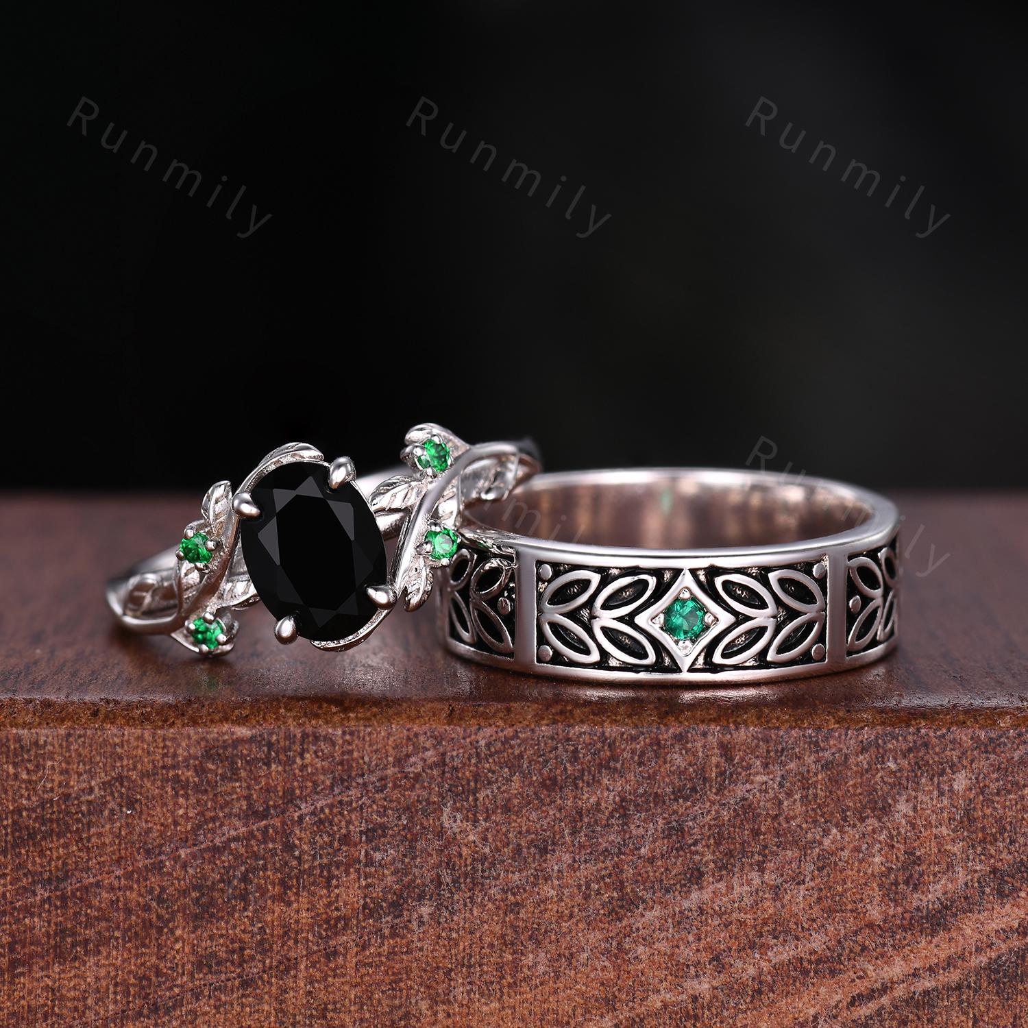 Nature Inspired Black Onyx Couples Ring Sterling Silver His and Hers Wedding Band Leaf Style Mens Emerald Ring Matching Couple Promise Ring
