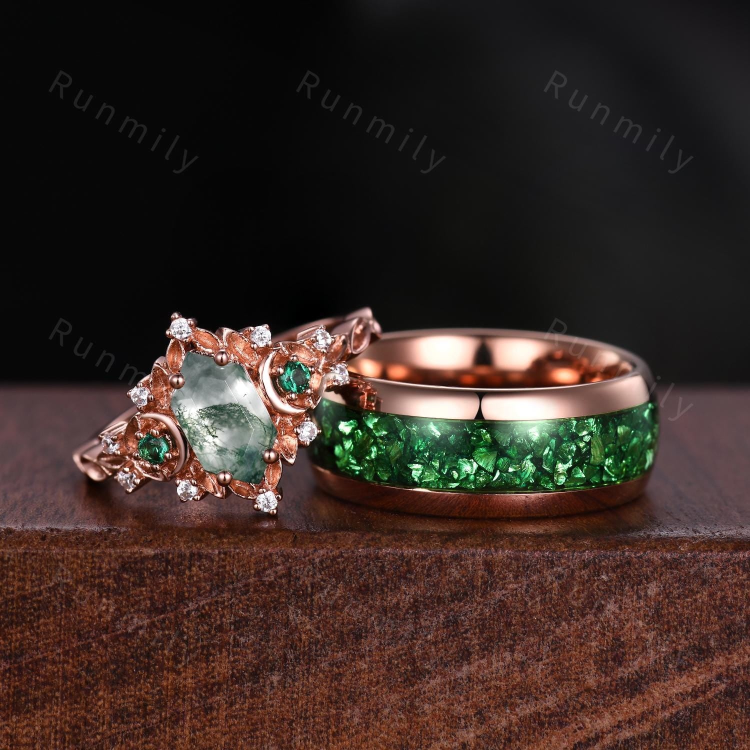 Antique Moss Agate Emerald Couple Ring Vintage Rose Gold Rings His and Hers Matching Wedding Band Mens Crushed Emerald Band Moss Agate Ring