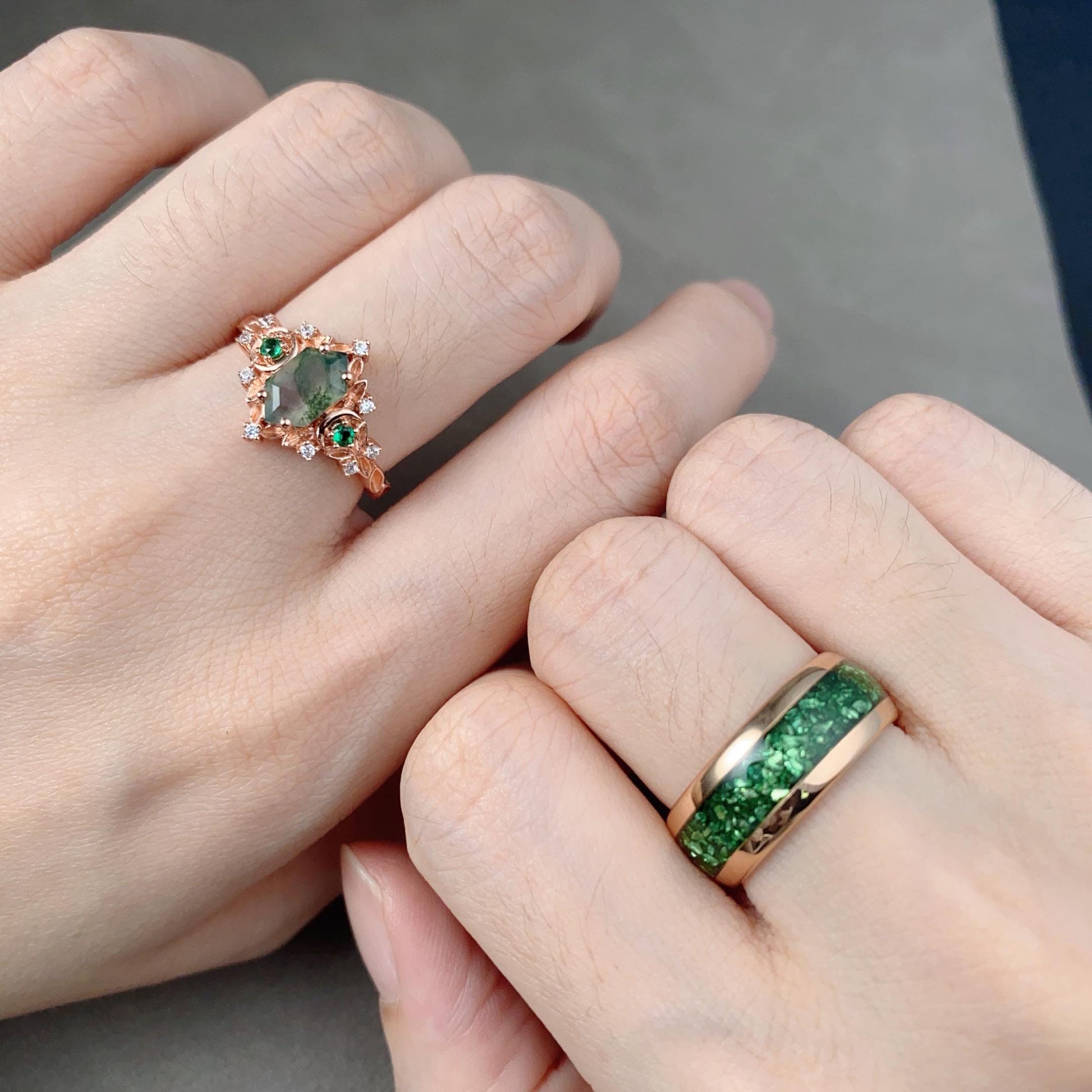 Antique Moss Agate Emerald Couple Ring Vintage Rose Gold Rings His and Hers Matching Wedding Band Mens Crushed Emerald Band Moss Agate Ring