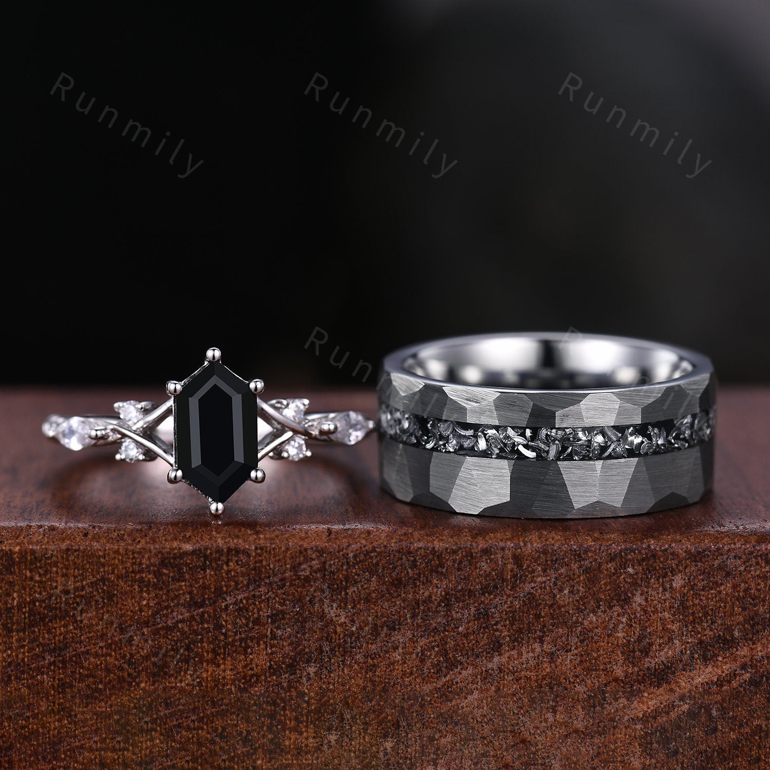 Vintage Black Onyx Couples Ring Sterling Silver Matching Ring Set His and Hers Wedding Band Mens Meteorite Ring Natural Black Gemstone Ring