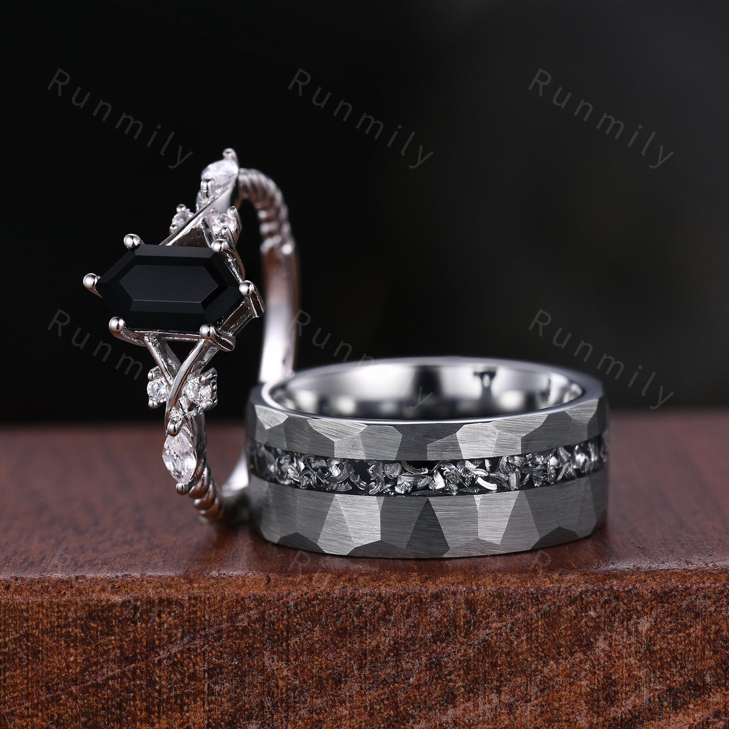 Vintage Black Onyx Couples Ring Sterling Silver Matching Ring Set His and Hers Wedding Band Mens Meteorite Ring Natural Black Gemstone Ring