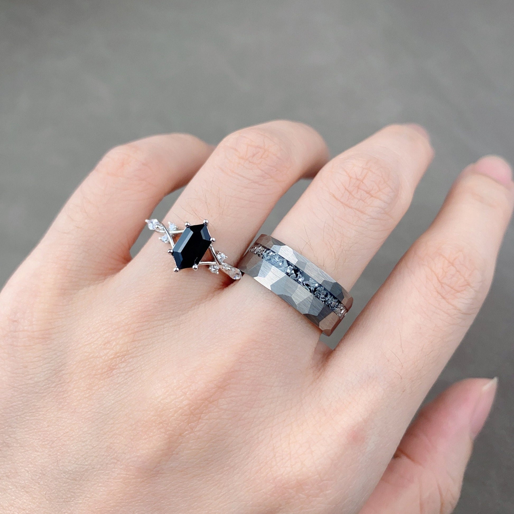 Vintage Black Onyx Couples Ring Sterling Silver Matching Ring Set His and Hers Wedding Band Mens Meteorite Ring Natural Black Gemstone Ring