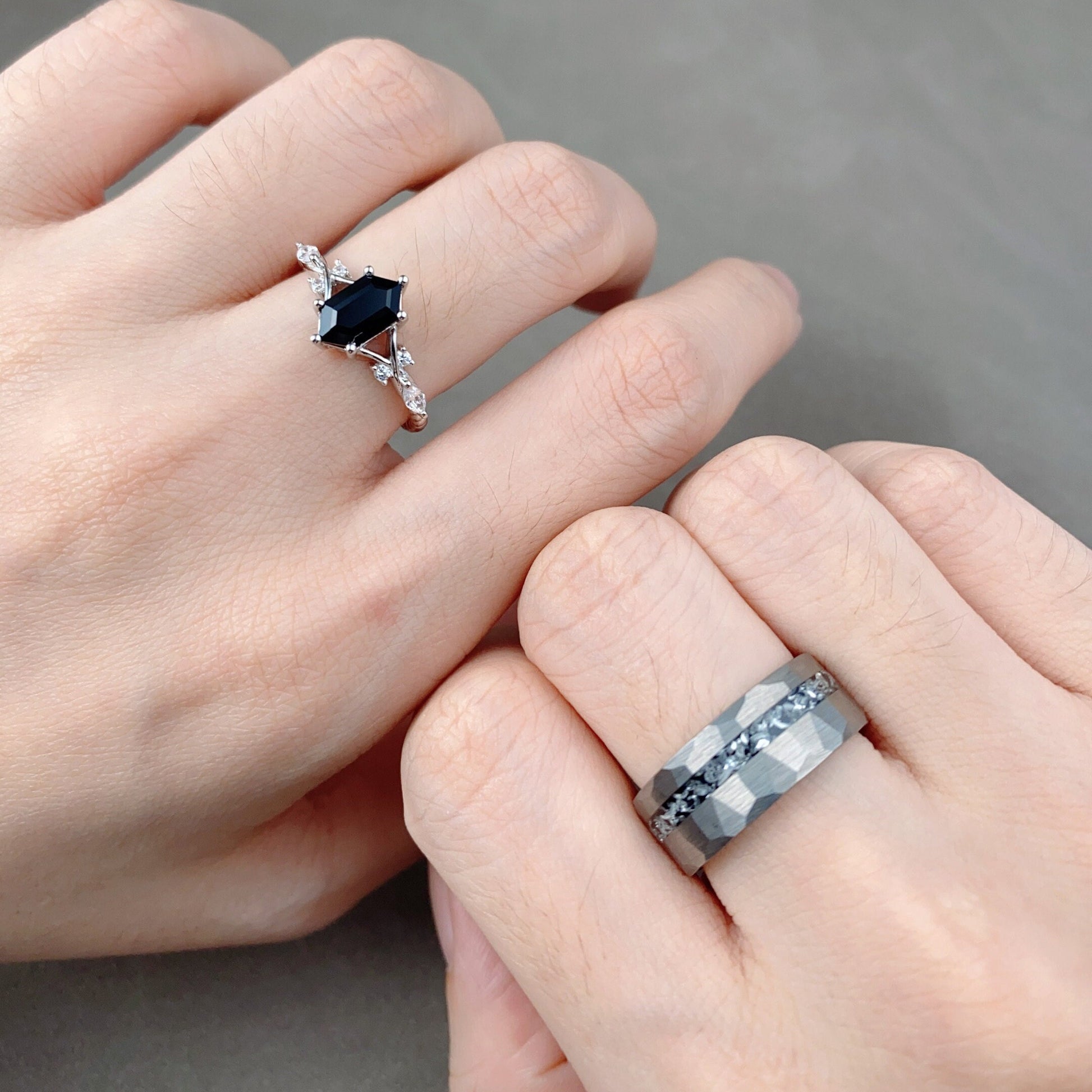 Vintage Black Onyx Couples Ring Sterling Silver Matching Ring Set His and Hers Wedding Band Mens Meteorite Ring Natural Black Gemstone Ring
