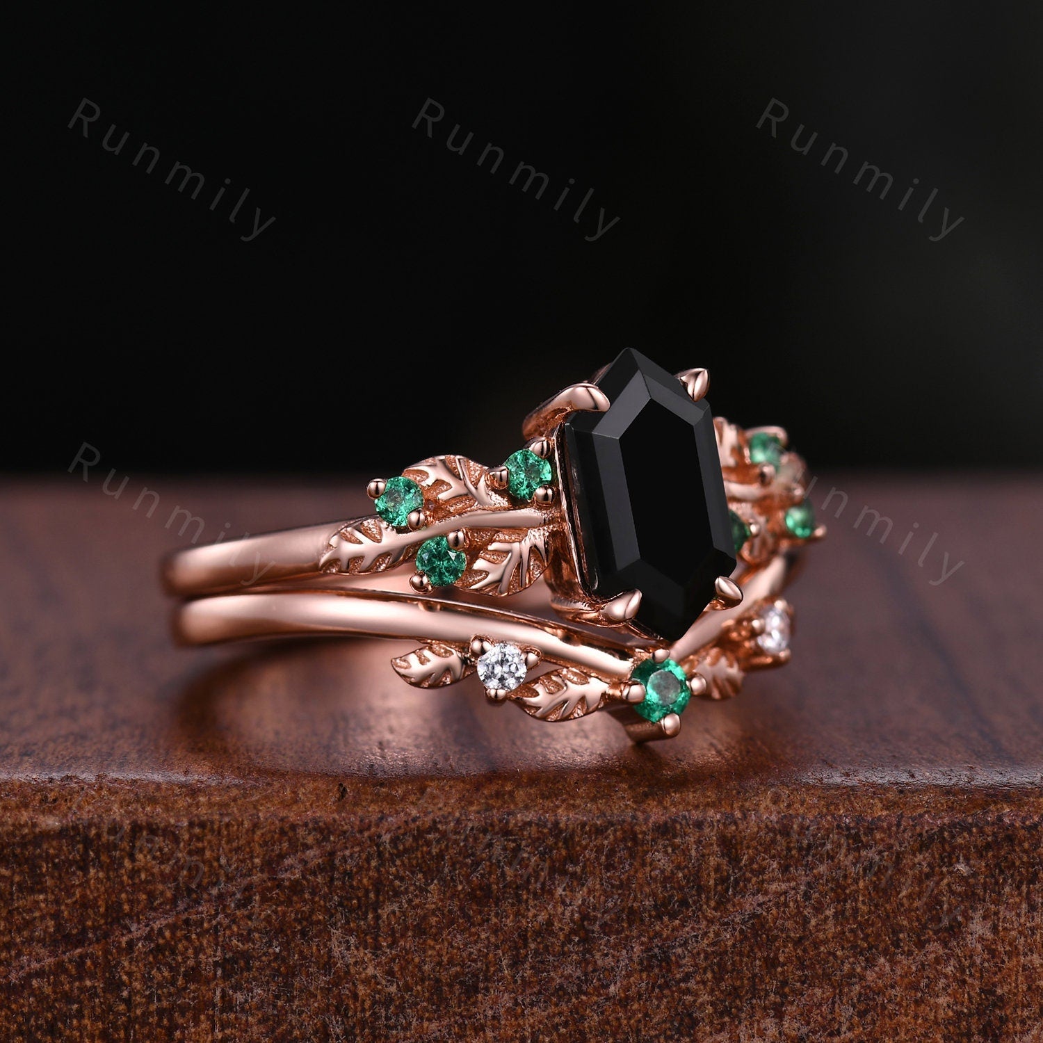Vintage Hexagon Black Onyx Engagement Ring Set Rose Gold Leaf Branch Emerald Ring Unique Art Deco Bridal Wedding Ring Set Natural Stone Ring