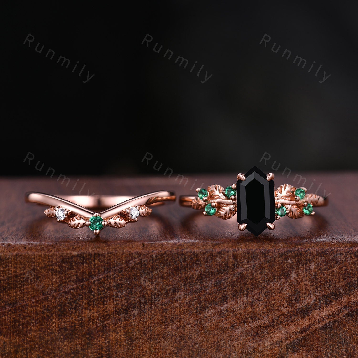 Vintage Hexagon Black Onyx Engagement Ring Set Rose Gold Leaf Branch Emerald Ring Unique Art Deco Bridal Wedding Ring Set Natural Stone Ring
