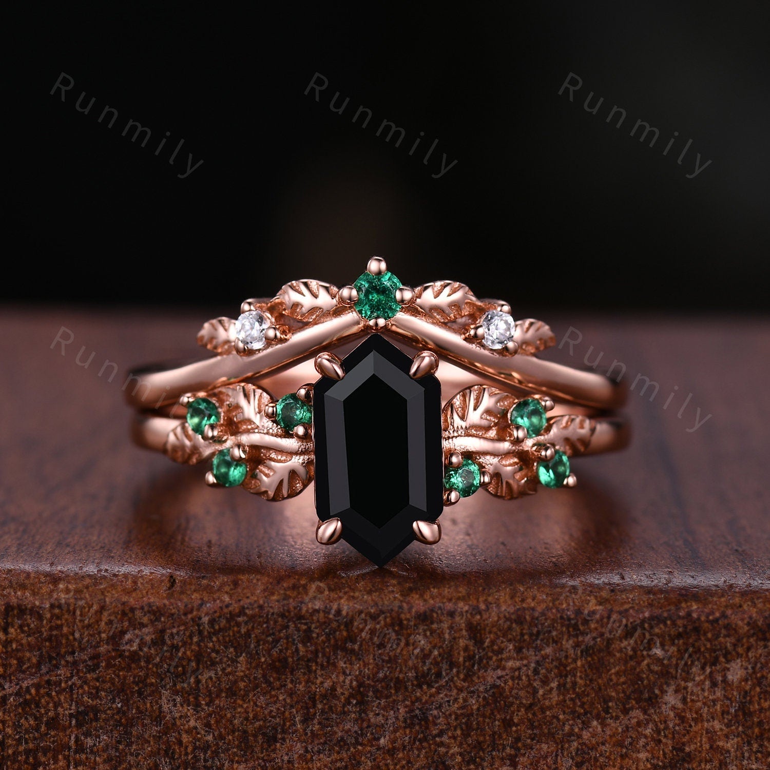 Vintage Hexagon Black Onyx Engagement Ring Set Rose Gold Leaf Branch Emerald Ring Unique Art Deco Bridal Wedding Ring Set Natural Stone Ring