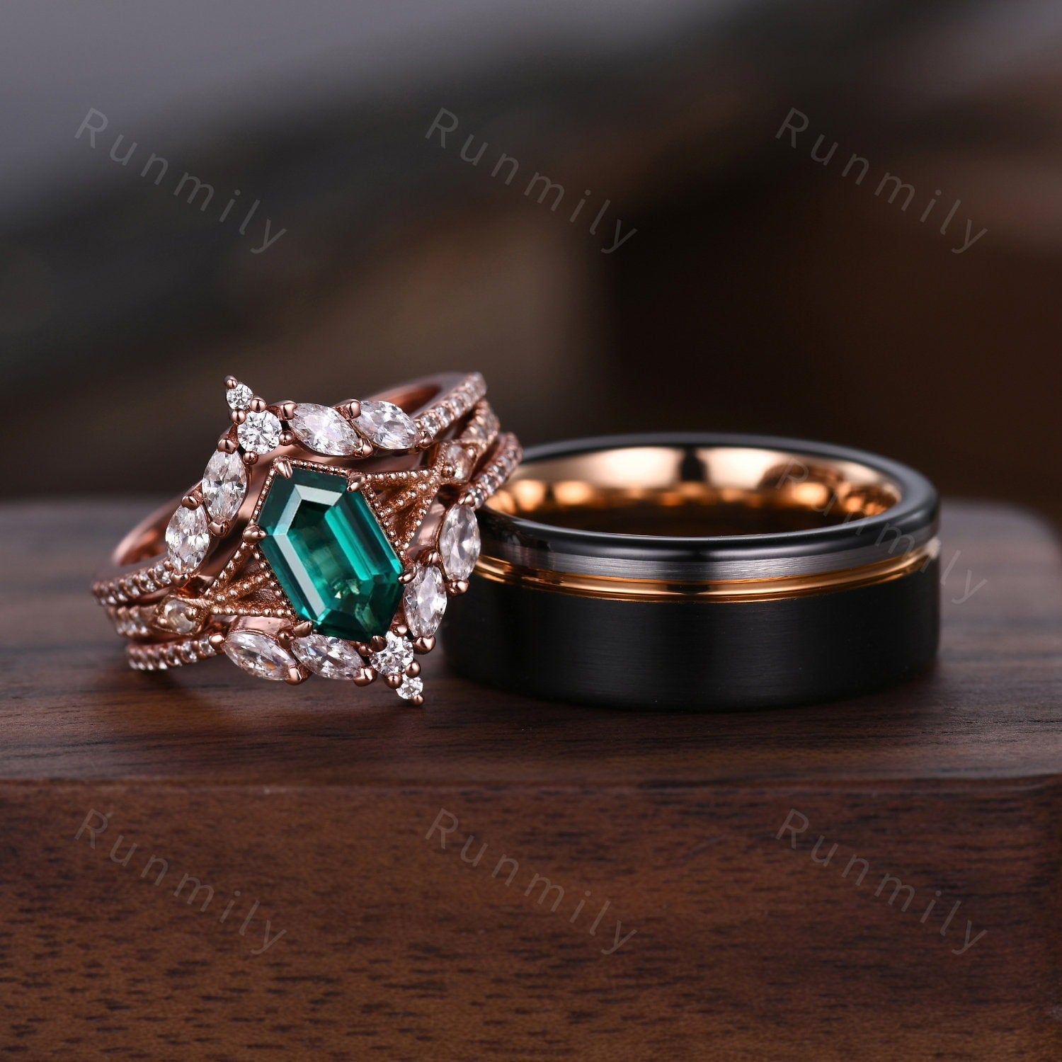 Antique Emerald Couples Ring Set Vintage Double Curved Diamond Band Rose Gold His and Her Wedding Band Promise Ring For Men and Women