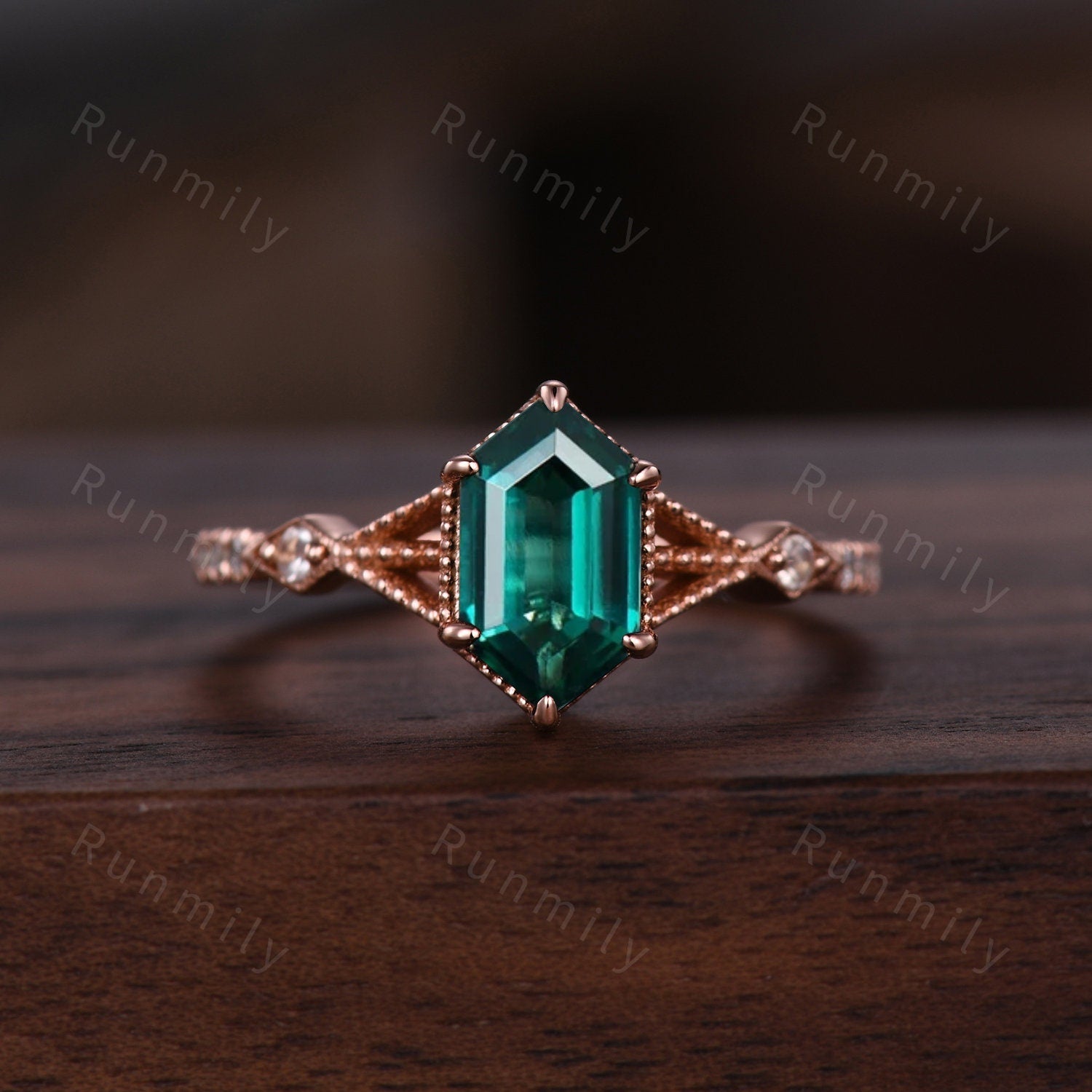 Antique Emerald Couples Ring Set Vintage Double Curved Diamond Band Rose Gold His and Her Wedding Band Promise Ring For Men and Women