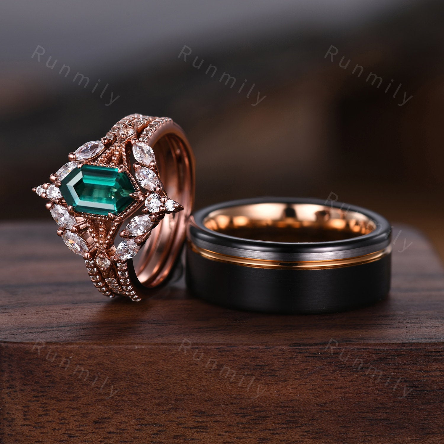 Antique Emerald Couples Ring Set Vintage Double Curved Diamond Band Rose Gold His and Her Wedding Band Promise Ring For Men and Women